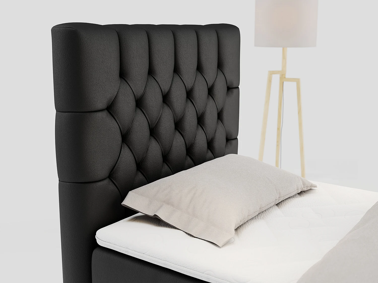 Boxspringbett PERA - Einzelbett mit Kopfstütze, Polsterbett, Multipocket-Matratze, genähtes Kopfteil - 90x200 cm - H3 - Schwarz Kunstleder - Links Seite