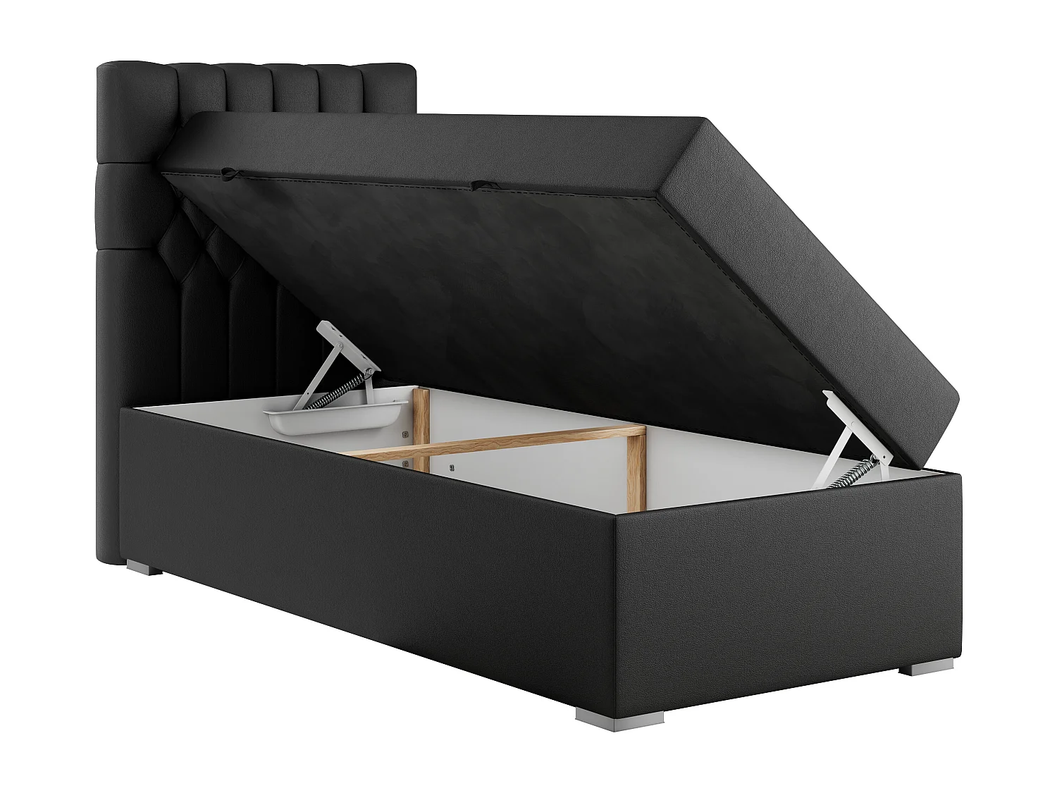 Boxspringbett PERA - Einzelbett mit Kopfstütze, Polsterbett, Multipocket-Matratze, genähtes Kopfteil - 90x200 cm - H3 - Schwarz Kunstleder - Links Seite