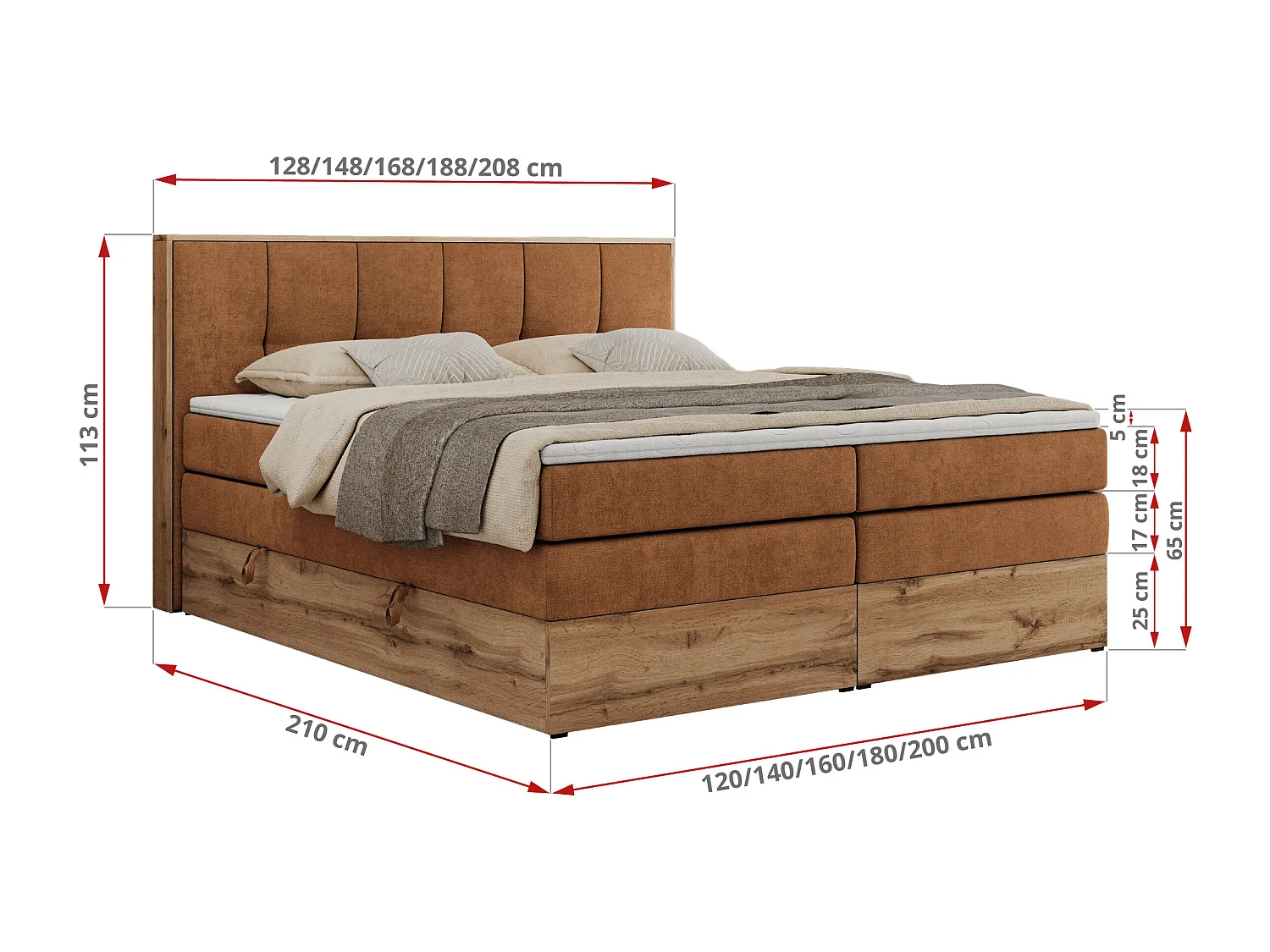 Boxspringbett ALBERO 1 KING - zwei 7 Härtezonen Multipocket-Matratzen, Doppelbett mit Stauraum, Eiche Wotan Holzrahmen - 120x200 cm - H4 - Orange Strukture