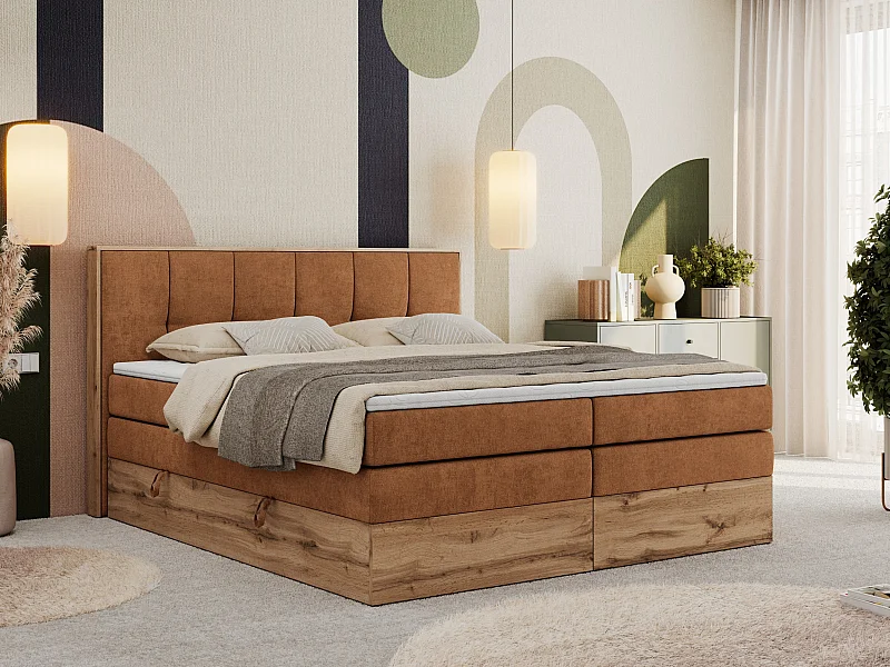 Boxspringbett ALBERO 1 KING - zwei 7 Härtezonen Multipocket-Matratzen, Doppelbett mit Stauraum, Eiche Wotan Holzrahmen - 120x200 cm - H4 - Orange Strukture