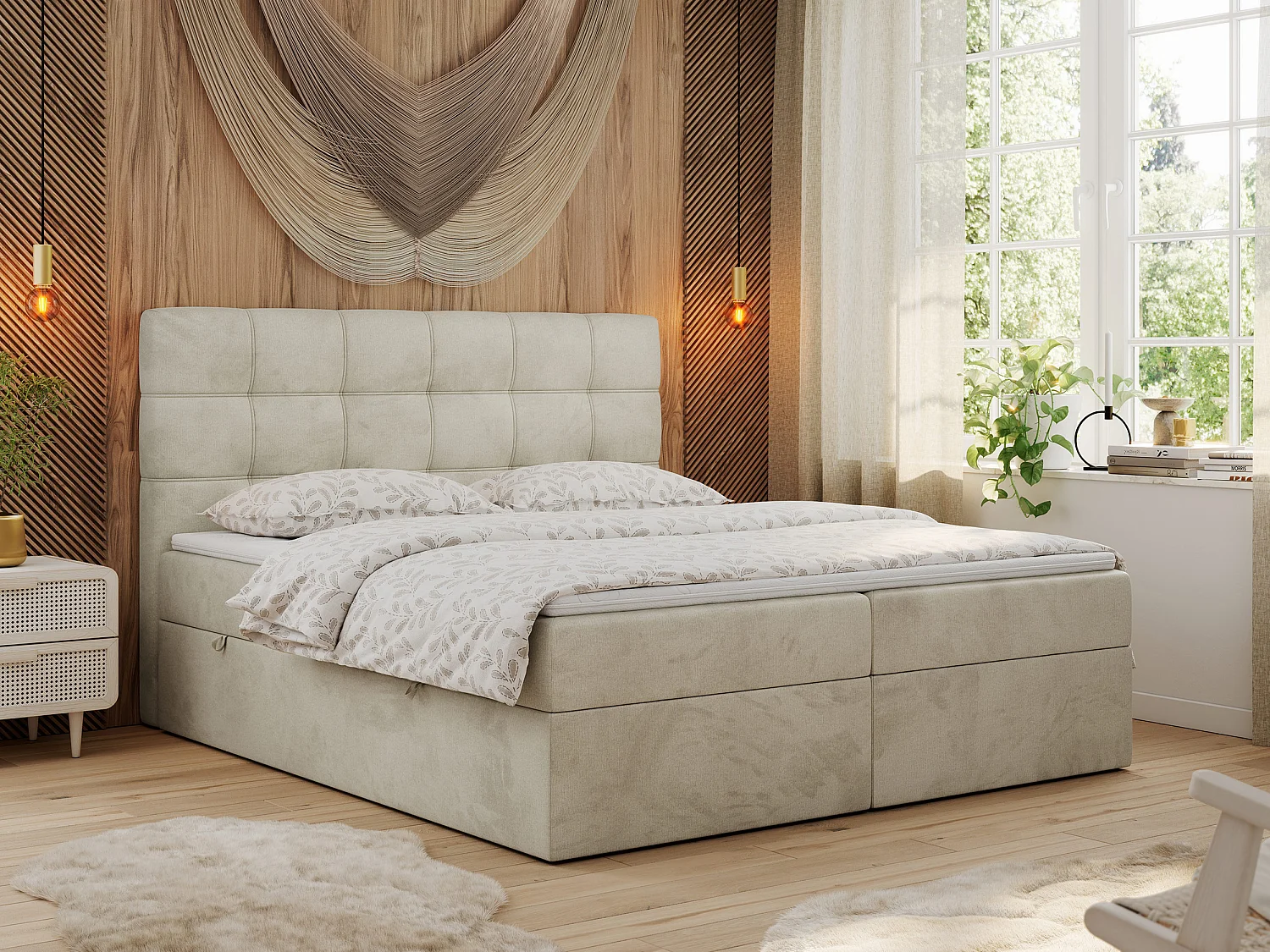 Boxspringbett ERNI - mit gestepptem Kopfteil, Polsterbett, Multipocket-Matratze und Topper, Bettkästen - 140x200 cm - H4 - Beige Velvet