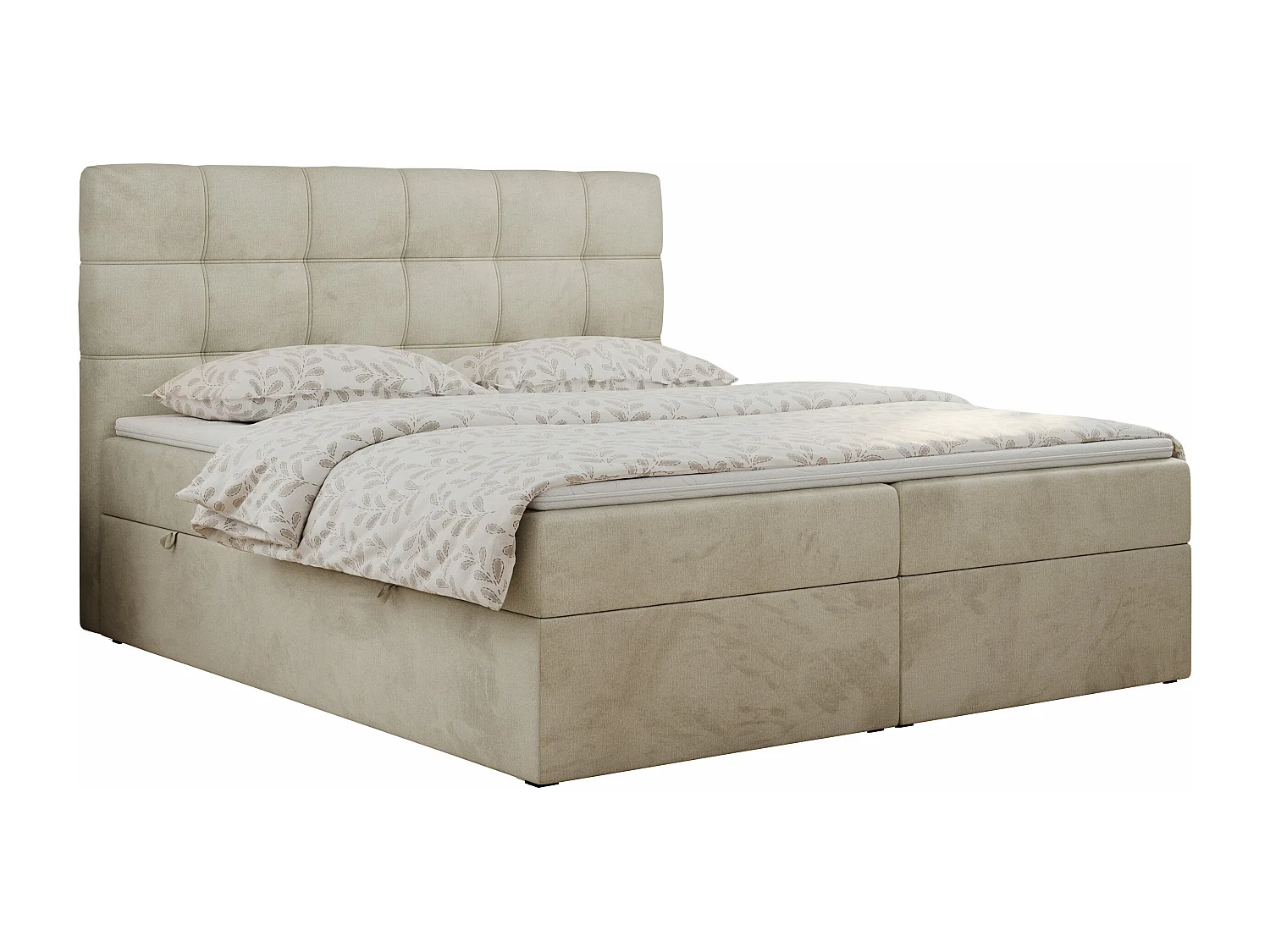 Boxspringbett ERNI - mit gestepptem Kopfteil, Polsterbett, Multipocket-Matratze und Topper, Bettkästen - 140x200 cm - H4 - Beige Velvet