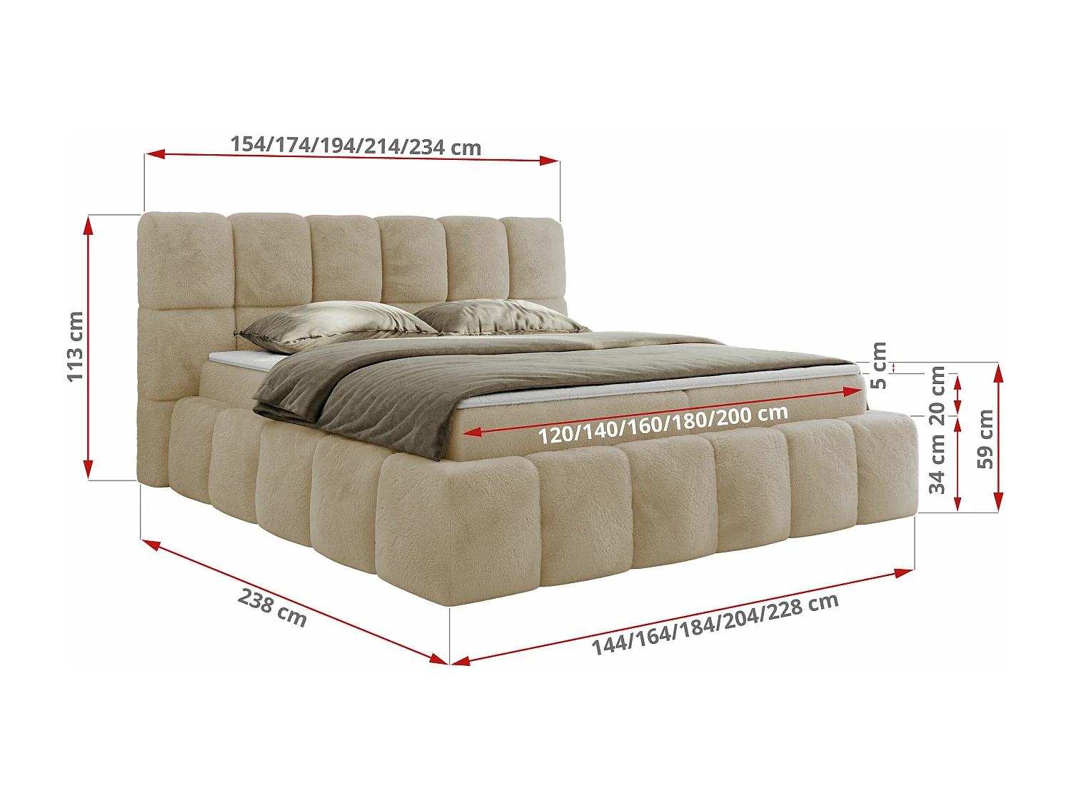 Boxspringbett NIRA - dekorativ kopfteil, Bettkästen und Multipocket-Matratze, Doppelbett für Schlafzimmer - 180x200 cm - H4 - Creme Plüsch