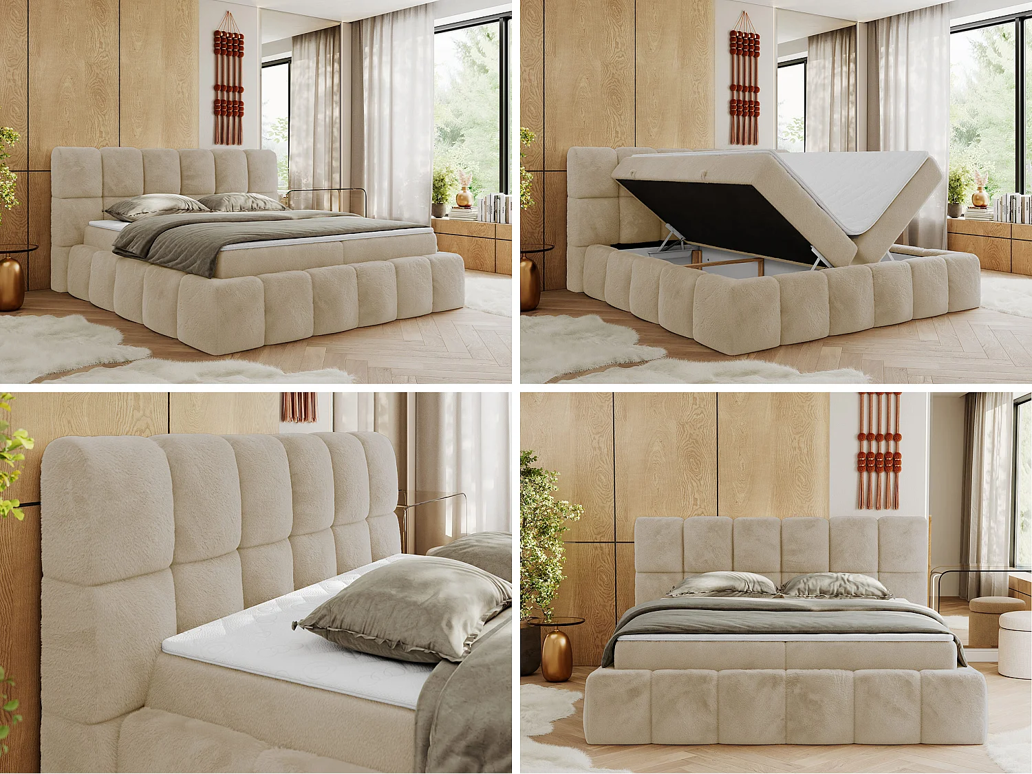 Boxspringbett NIRA - dekorativ kopfteil, Bettkästen und Multipocket-Matratze, Doppelbett für Schlafzimmer - 180x200 cm - H4 - Creme Plüsch