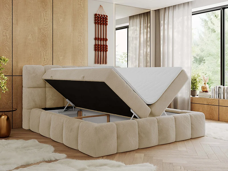 Boxspringbett NIRA - dekorativ kopfteil, Bettkästen und Multipocket-Matratze, Doppelbett für Schlafzimmer - 180x200 cm - H4 - Creme Plüsch