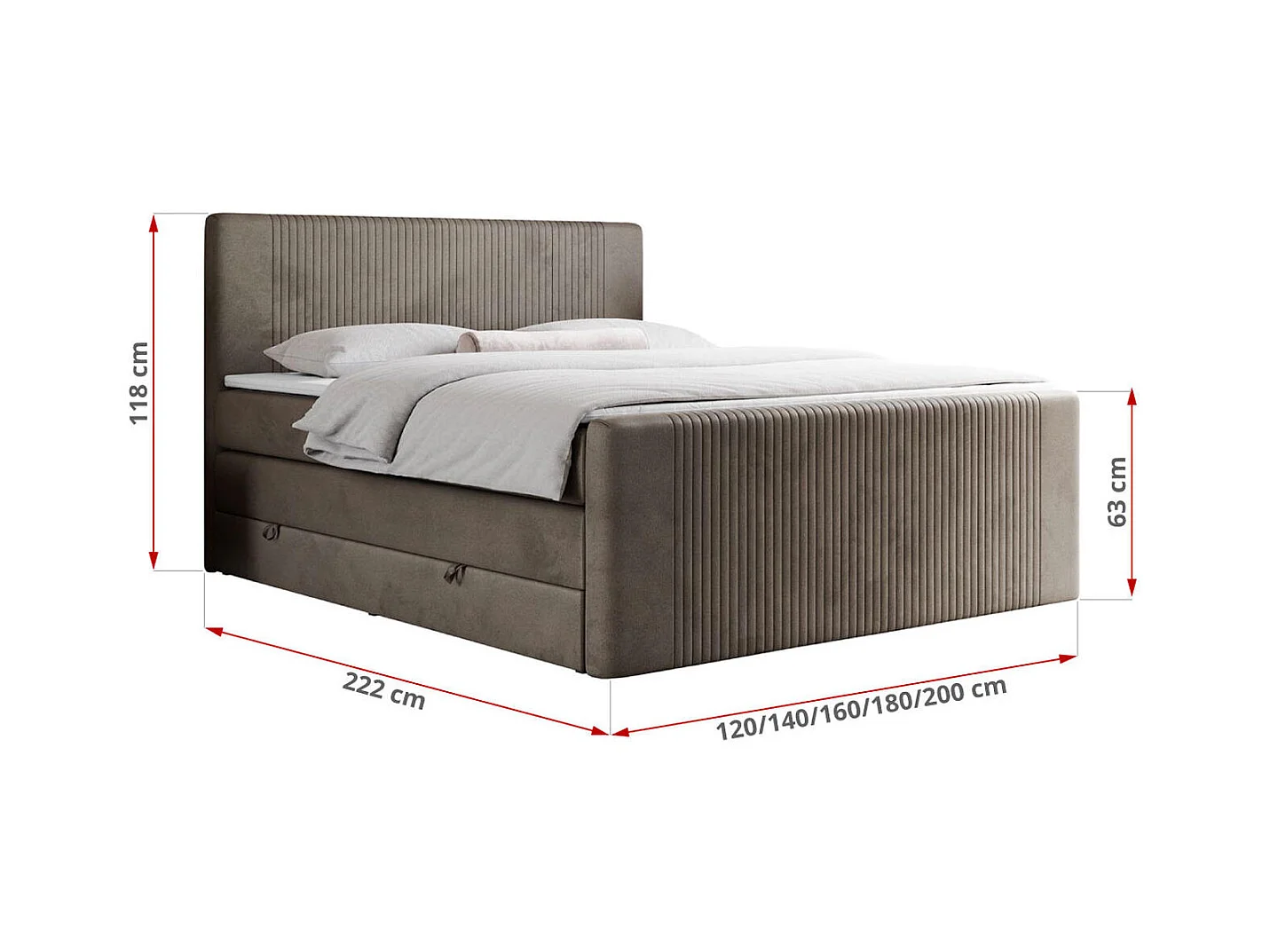 Boxspringbett DOREN KING - mit gesteppter Front und Kopfteil, zwei Multipocket-Matratzen und Topper, Doppelbett - 140x200 cm - H4 - Braun Velvet