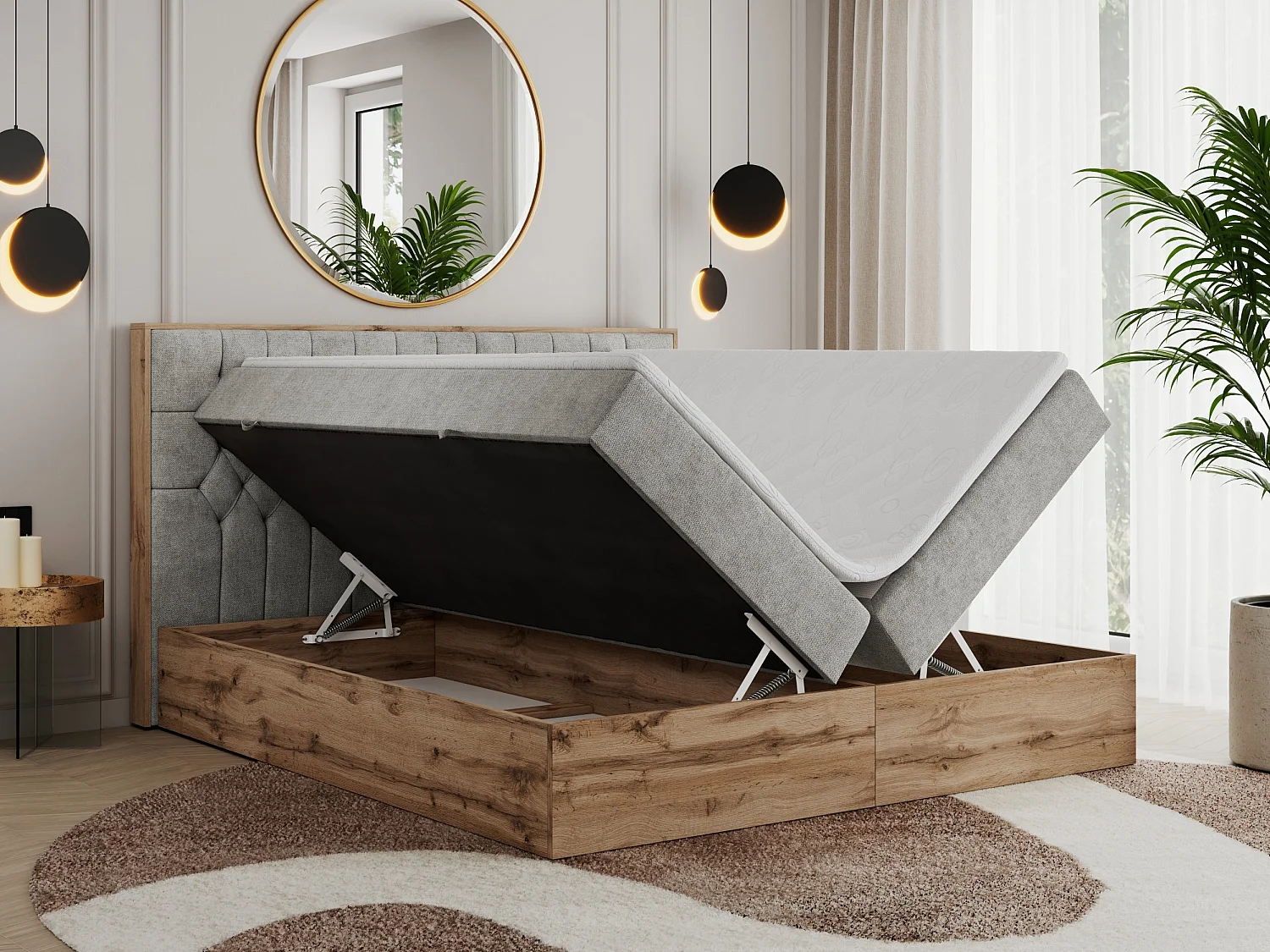 Boxspringbett AMORE - Bett mit Multipocket-Matratze, gesteppte Kopfstütze, Doppelbett für Schlafzimmer - 140x200 cm - H3 - Hellgrau Strukture