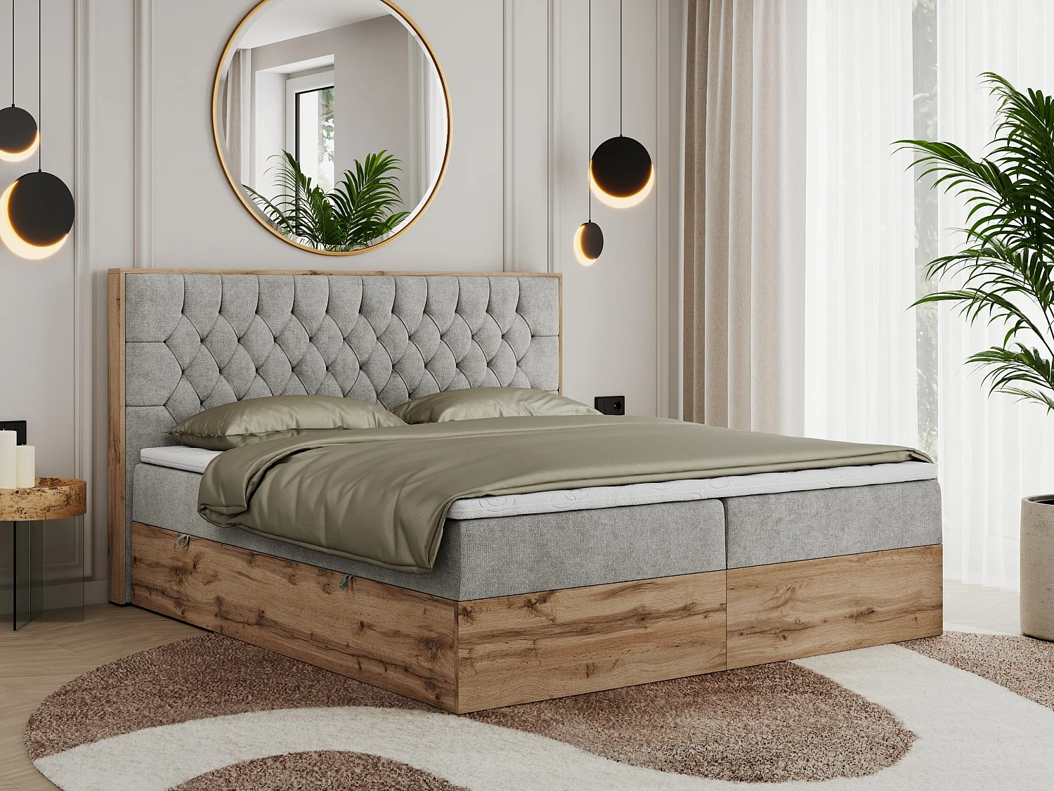 Boxspringbett AMORE - Bett mit Multipocket-Matratze, gesteppte Kopfstütze, Doppelbett für Schlafzimmer - 140x200 cm - H3 - Hellgrau Strukture