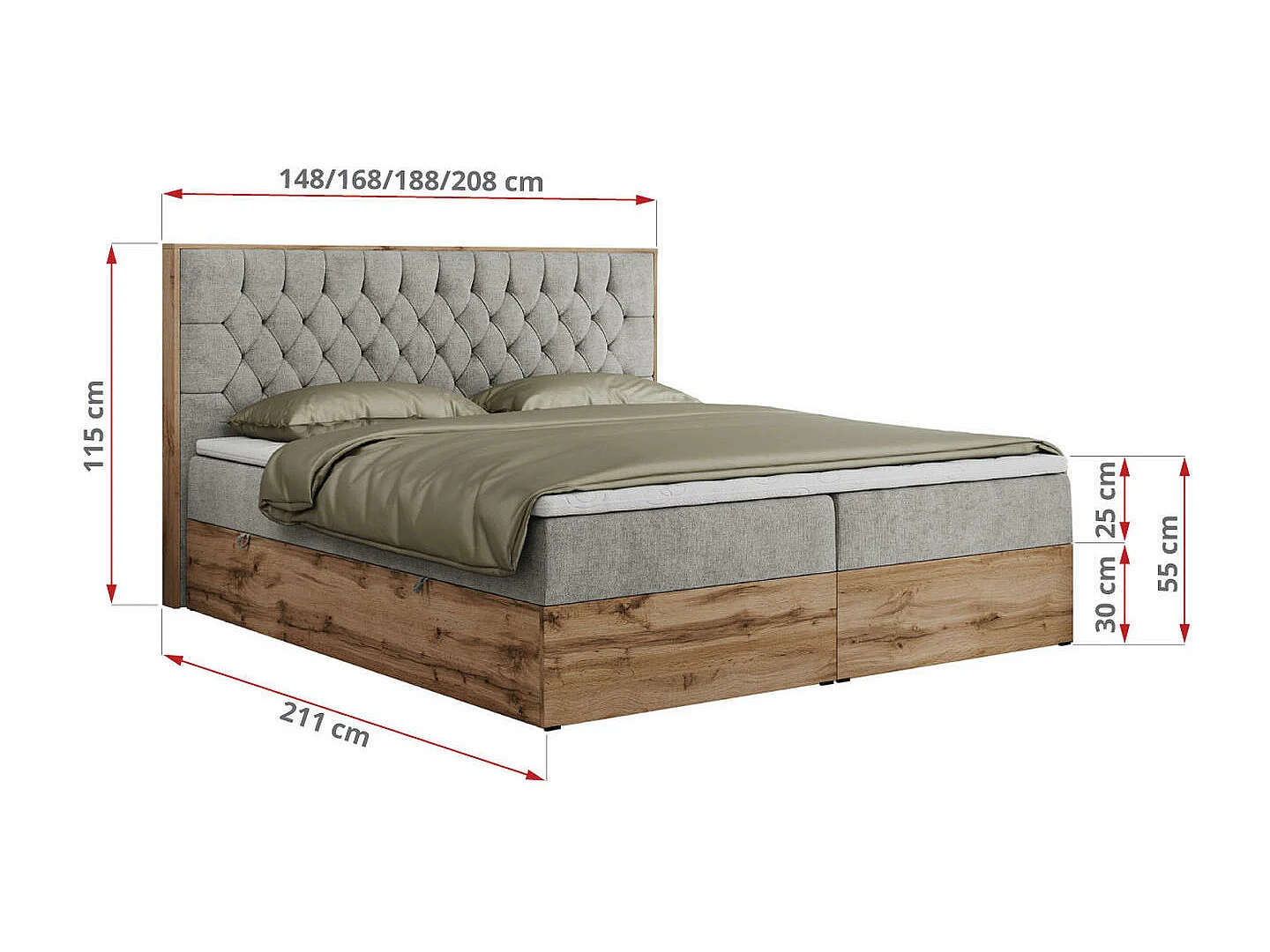 Boxspringbett AMORE - Bett mit Multipocket-Matratze, gesteppte Kopfstütze, Doppelbett für Schlafzimmer - 140x200 cm - H3 - Hellgrau Strukture