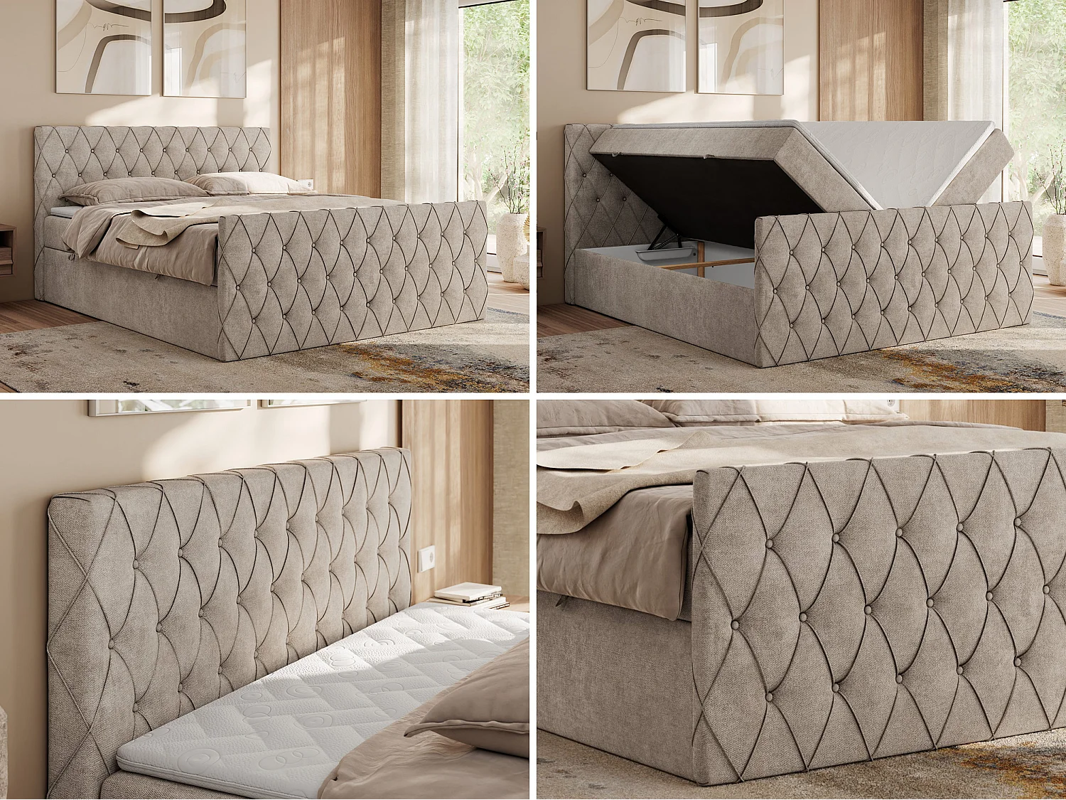 Boxspringbett MIREN DUO - mit gestepptem Kopfteil und Front, Multipocket-Matratze, zwei Bettkästen - 180x200 cm - H4 - Beige Strukture