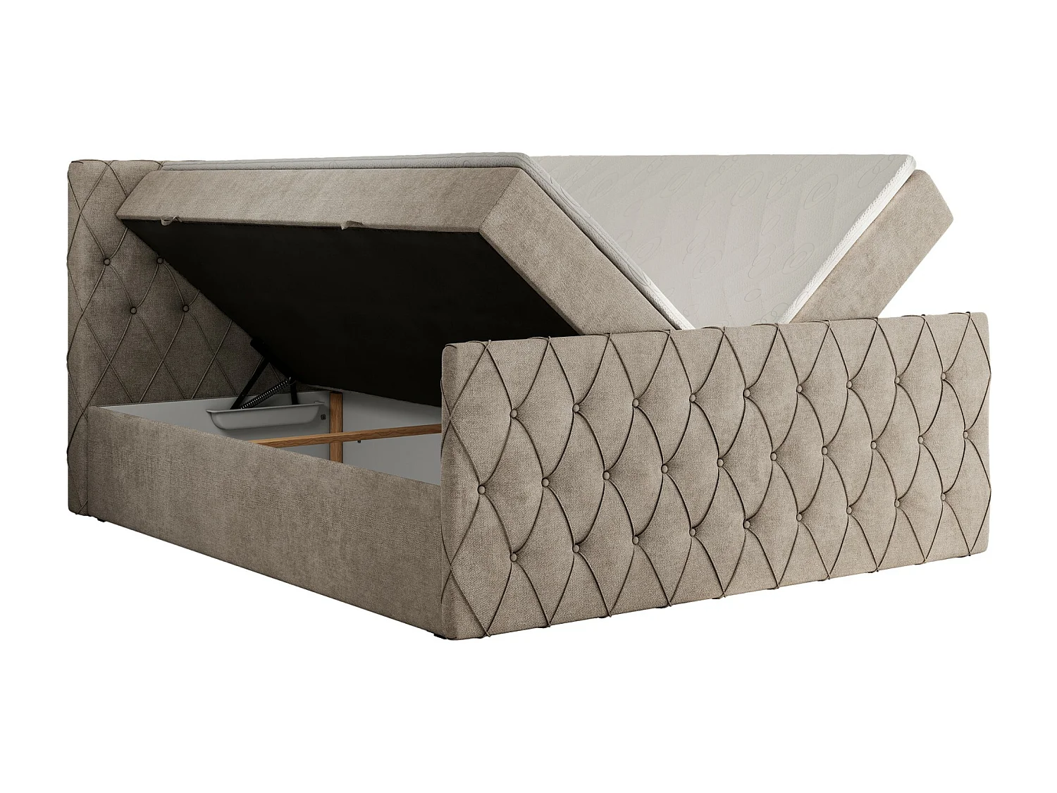 Boxspringbett MIREN DUO - mit gestepptem Kopfteil und Front, Multipocket-Matratze, zwei Bettkästen - 180x200 cm - H4 - Beige Strukture