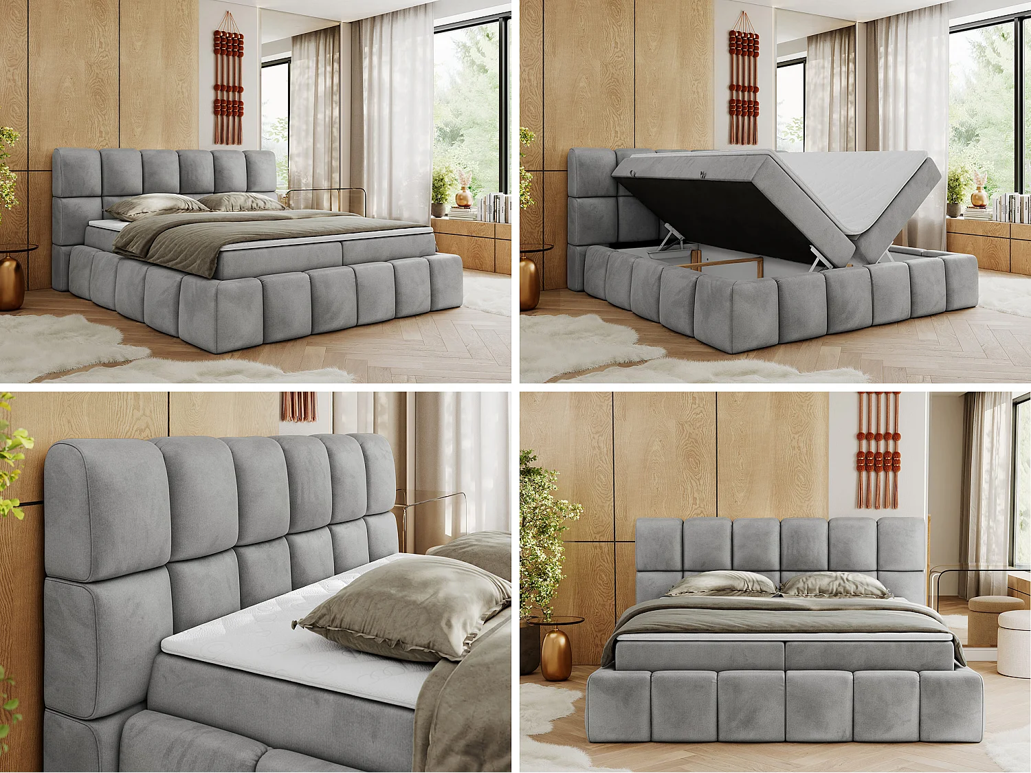 Boxspringbett NIRA - dekorativ kopfteil, Bettkästen und Multipocket-Matratze, Doppelbett für Schlafzimmer - 180x200 cm - H3 - Hellgrau Velvet