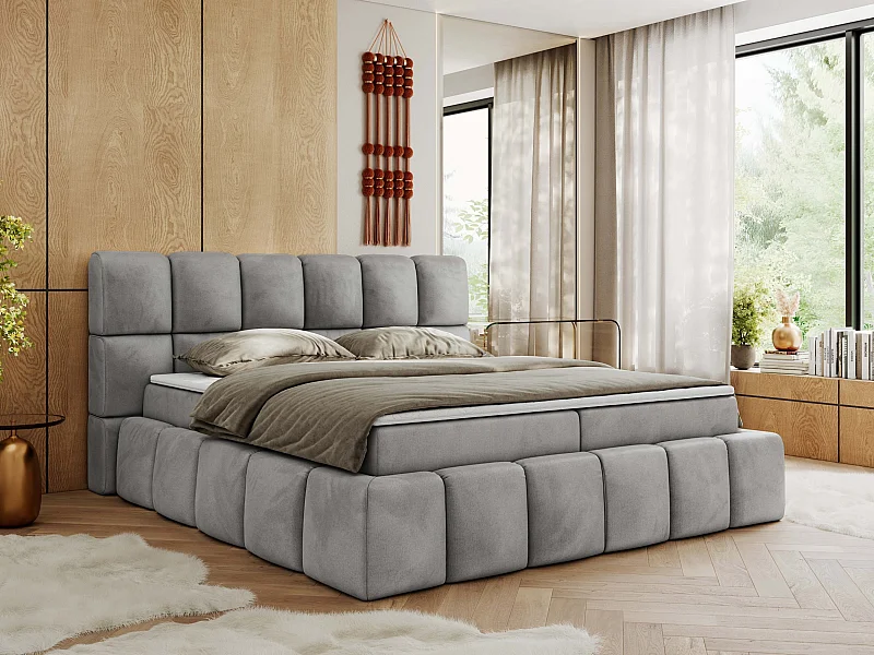 Boxspringbett NIRA - dekorativ kopfteil, Bettkästen und Multipocket-Matratze, Doppelbett für Schlafzimmer - 180x200 cm - H3 - Hellgrau Velvet