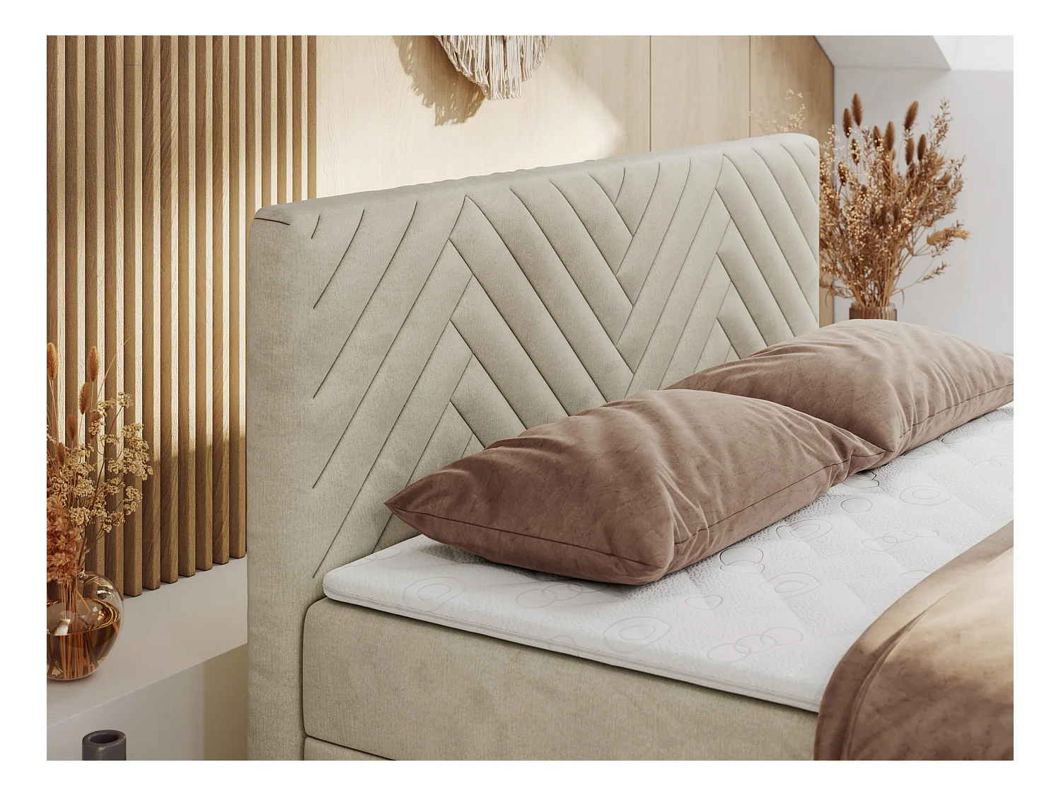 Boxspringbett PARIS DUO - Polsterbett mit genähtem Kopfteil und Frontplatte, Doppelbett, zwei Bettkästen - 200x200 cm - H3 - Beige Velvet