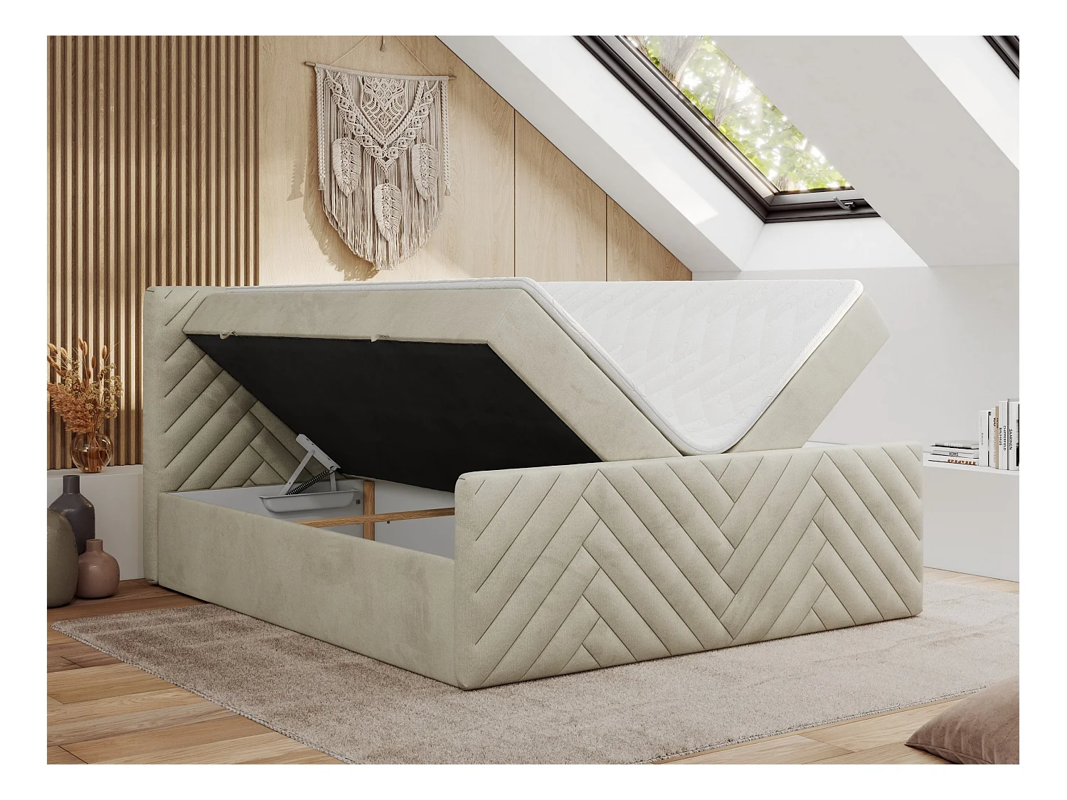 Boxspringbett PARIS DUO - Polsterbett mit genähtem Kopfteil und Frontplatte, Doppelbett, zwei Bettkästen - 200x200 cm - H3 - Beige Velvet