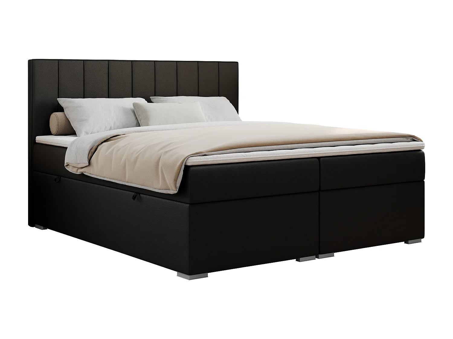 Boxspringbett ALLY - gestreiftes, genähtes Kopfteil, zwei Bettkästen, Multipocket-Matratzen, Praktisch Polsterbett - 120x200 cm - H3 - Schwarz Kunstleder