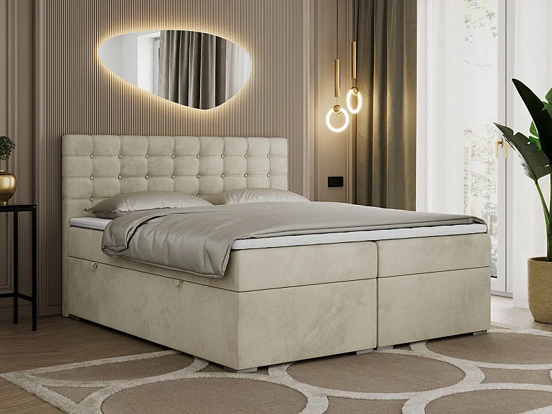 Boxspringbett SUSAN - mit gestepptem Kopfteil, zwei Bettkästen und Topper, gepolstertes Schlafzimmerbett - 140x200 cm - H3 - Beige Velvet