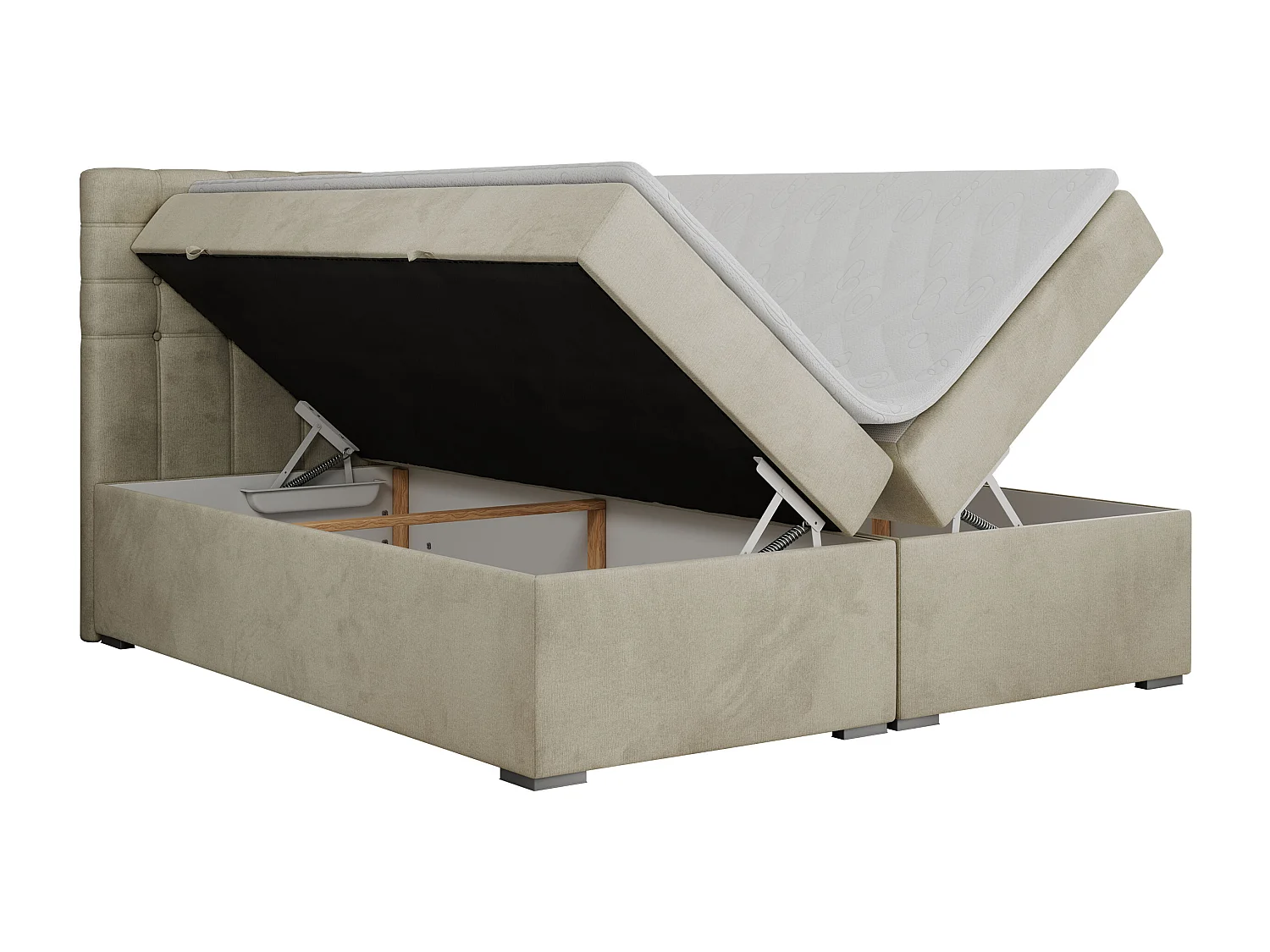 Boxspringbett SUSAN - mit gestepptem Kopfteil, zwei Bettkästen und Topper, gepolstertes Schlafzimmerbett - 140x200 cm - H3 - Beige Velvet