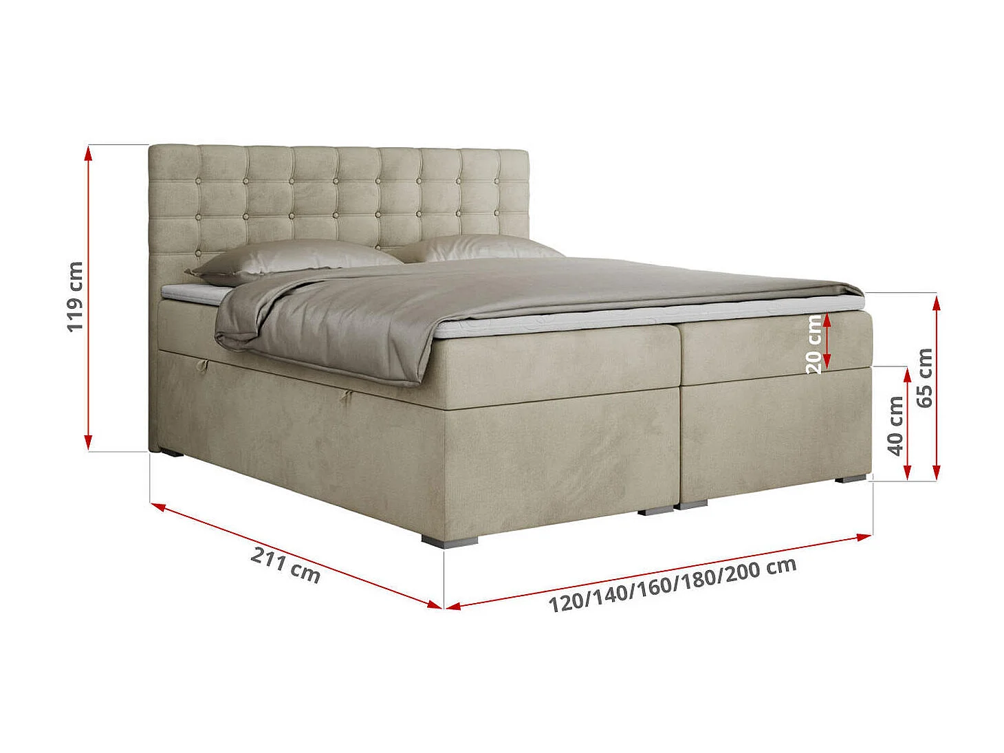 Boxspringbett SUSAN - mit gestepptem Kopfteil, zwei Bettkästen und Topper, gepolstertes Schlafzimmerbett - 140x200 cm - H3 - Beige Velvet
