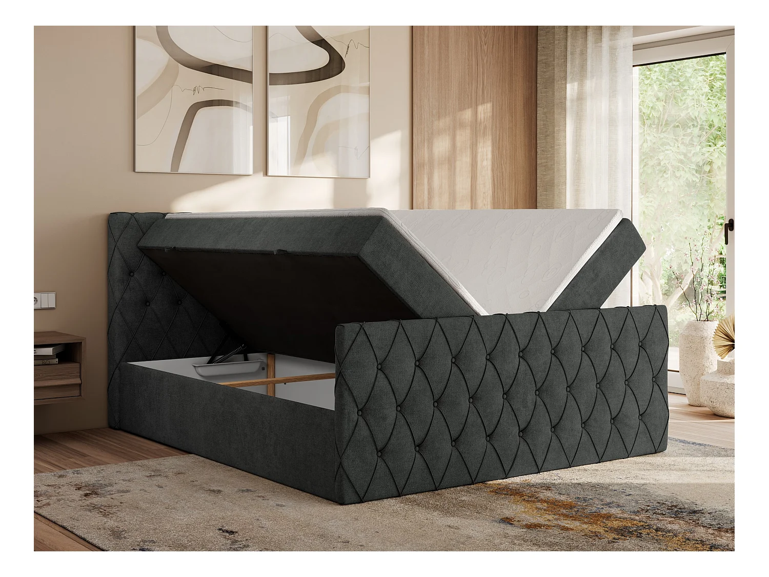 Boxspringbett MIREN DUO - mit gestepptem Kopfteil und Front, Multipocket-Matratze, zwei Bettkästen - 180x200 cm - H4 - Dunkelgrau Strukture