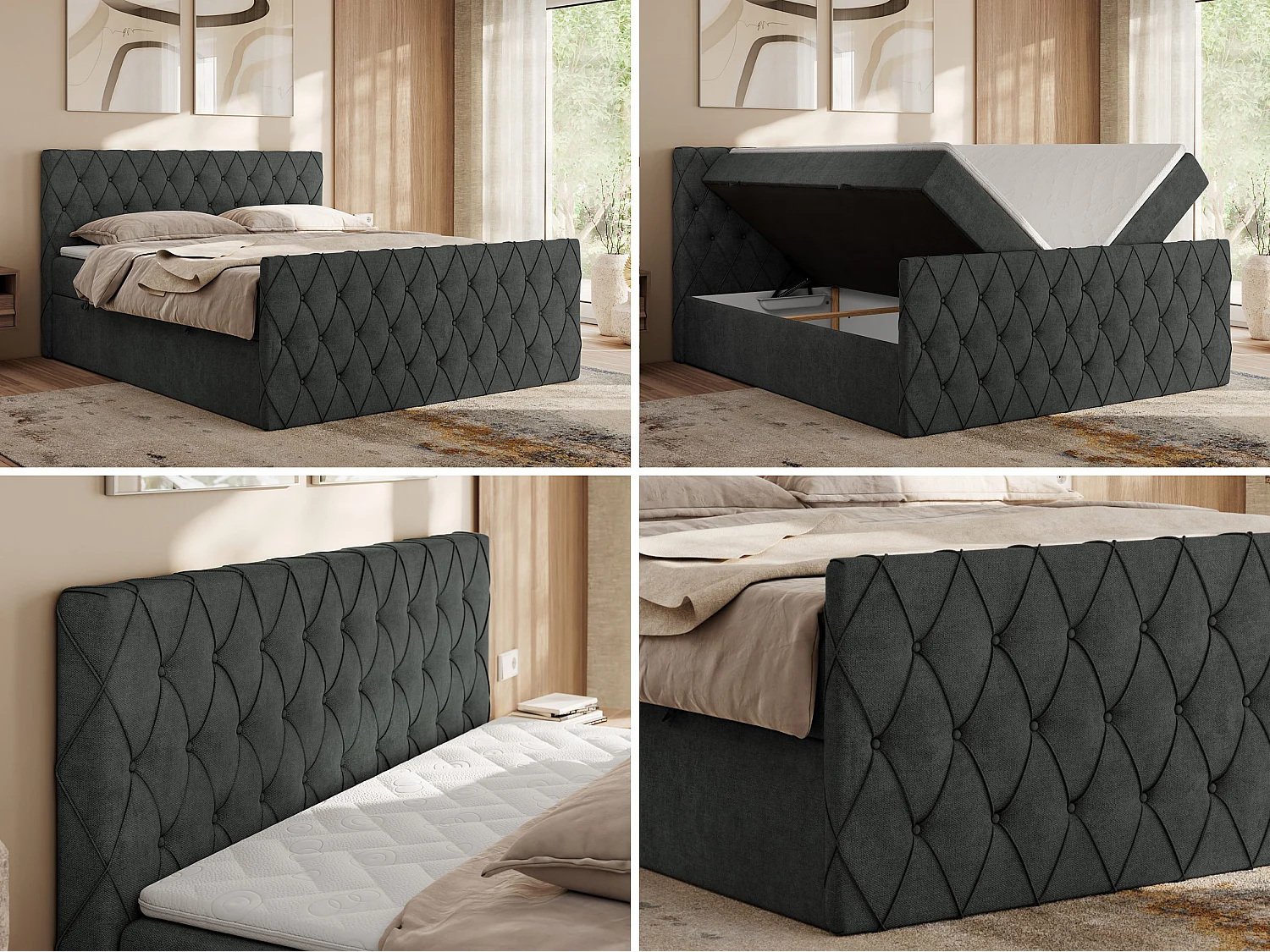 Boxspringbett MIREN DUO - mit gestepptem Kopfteil und Front, Multipocket-Matratze, zwei Bettkästen - 180x200 cm - H4 - Dunkelgrau Strukture