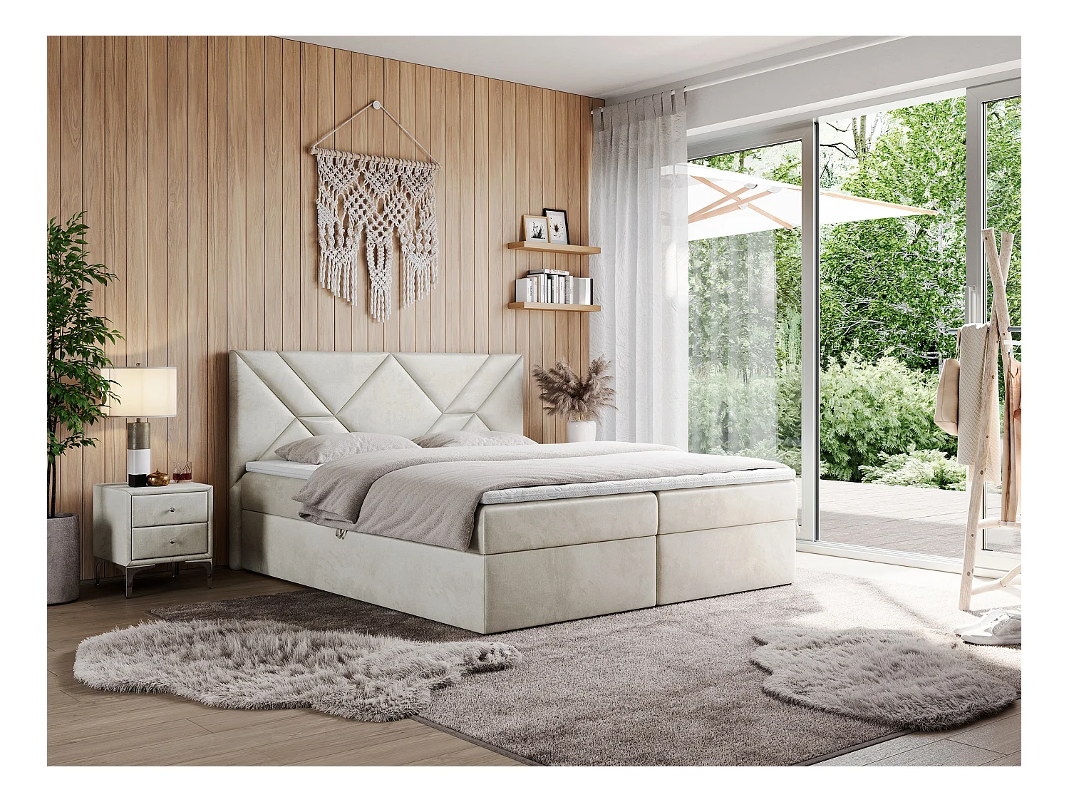 Boxspringbett NEOMI - dekorativem Kopfteil, Polsterbett mit Multipocket-Matratzen, zwei Bettkästen - 160x200 cm - H3 - Hellgrau Strukture