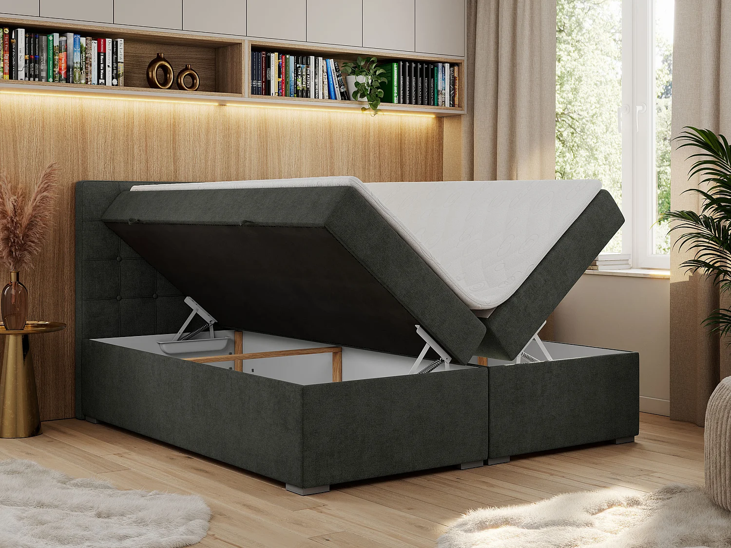 Boxspringbett CARMEN - Polsterbett mit zwei Bettkästen, gesteppte Kopfstütze, Multipocket-Matratze - 180x200 cm - H4 - Dunkelgrau Stukture