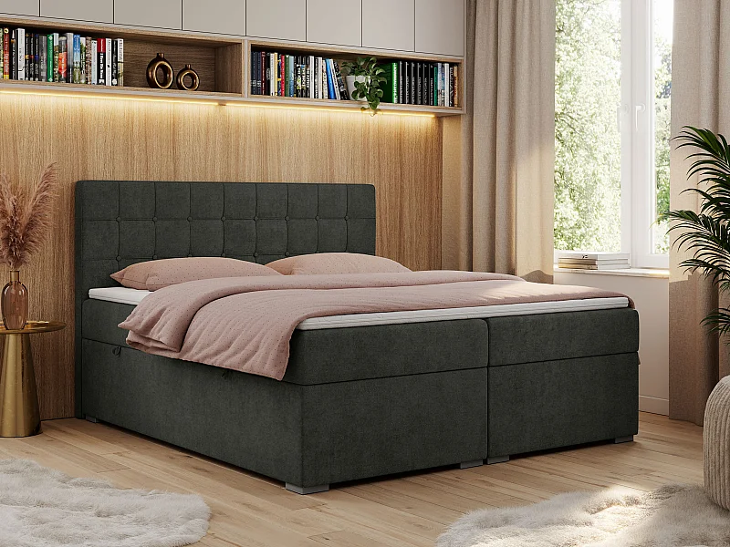 Boxspringbett CARMEN - Polsterbett mit zwei Bettkästen, gesteppte Kopfstütze, Multipocket-Matratze - 180x200 cm - H4 - Dunkelgrau Stukture