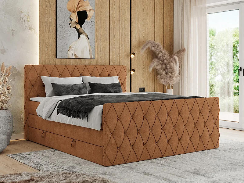 Boxspringbett MIREN KING DUO - für Schlafzimmer mit zwei Multipocket-Matratzen und Topper, gestepptes Kopfteil und Front  - 180x200 cm - H4 - Orange Strukture