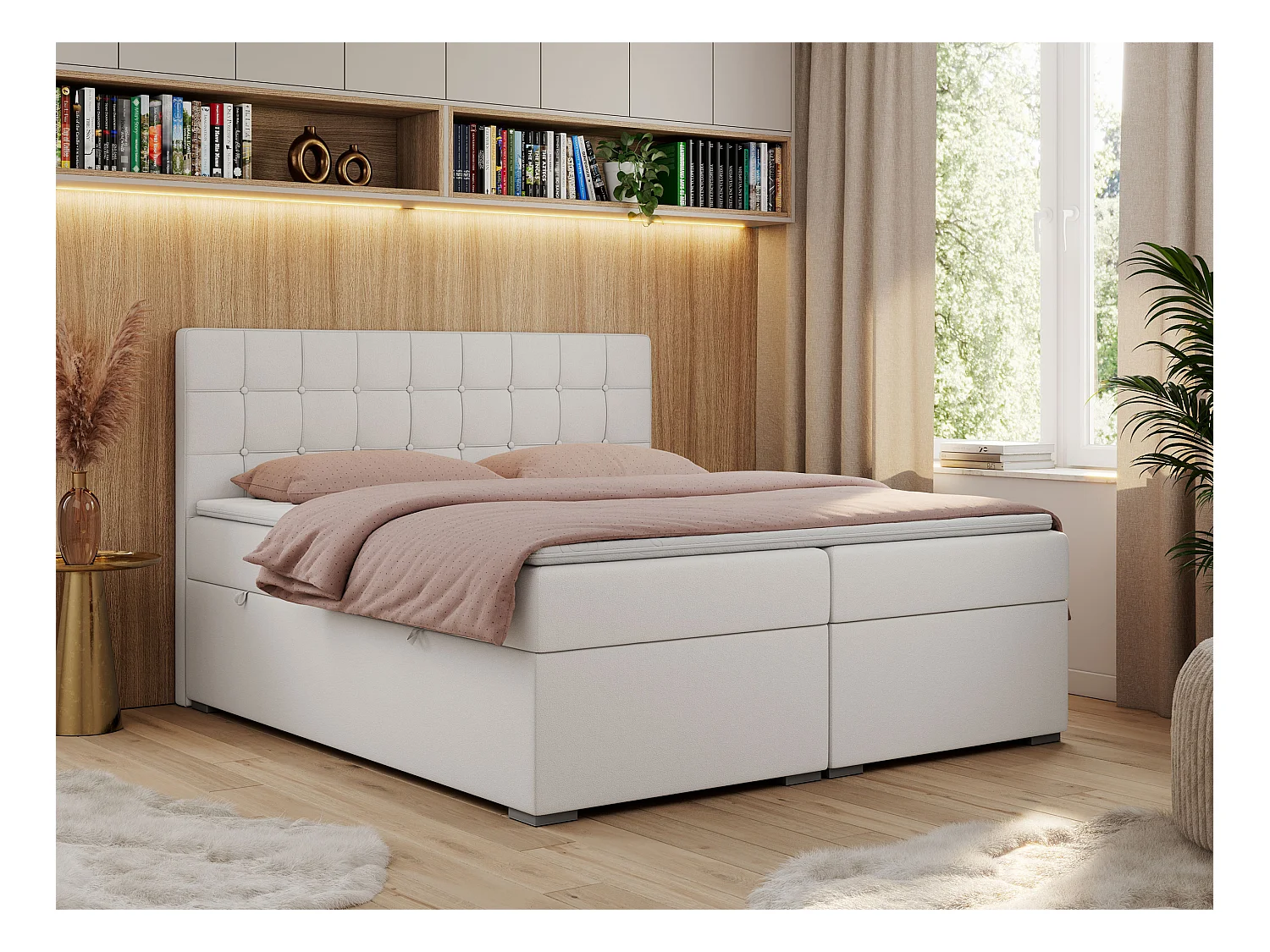Boxspringbett CARMEN - Polsterbett mit zwei Bettkästen, gesteppte Kopfstütze, Multipocket-Matratze - 180x200 cm - H4 - Weiß Kunstleder