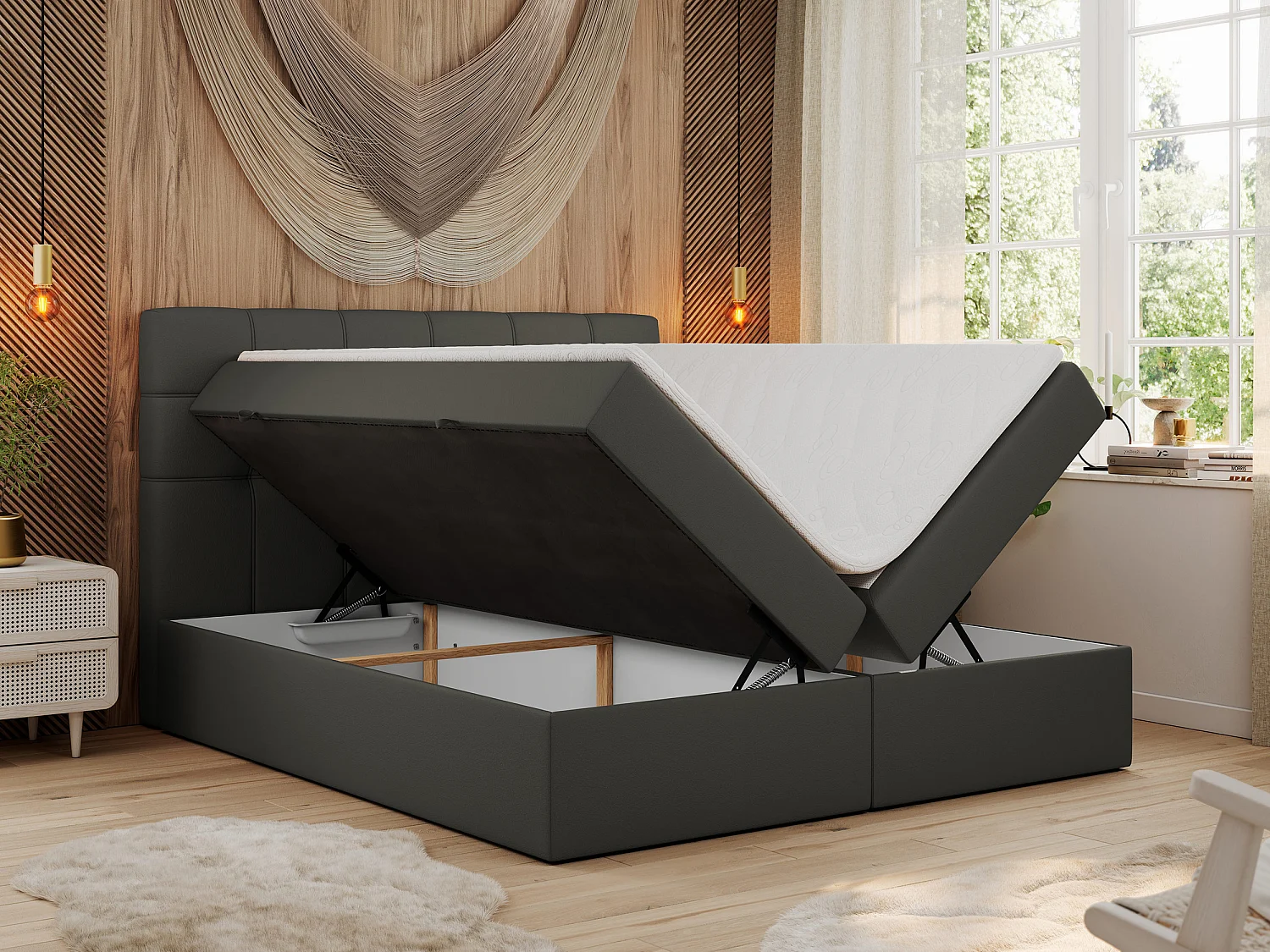 Boxspringbett ERNI - mit gestepptem Kopfteil, Polsterbett, Multipocket-Matratze und Topper, Bettkästen - 120x200 cm - H4 - Dunkelgrau Kunstleder