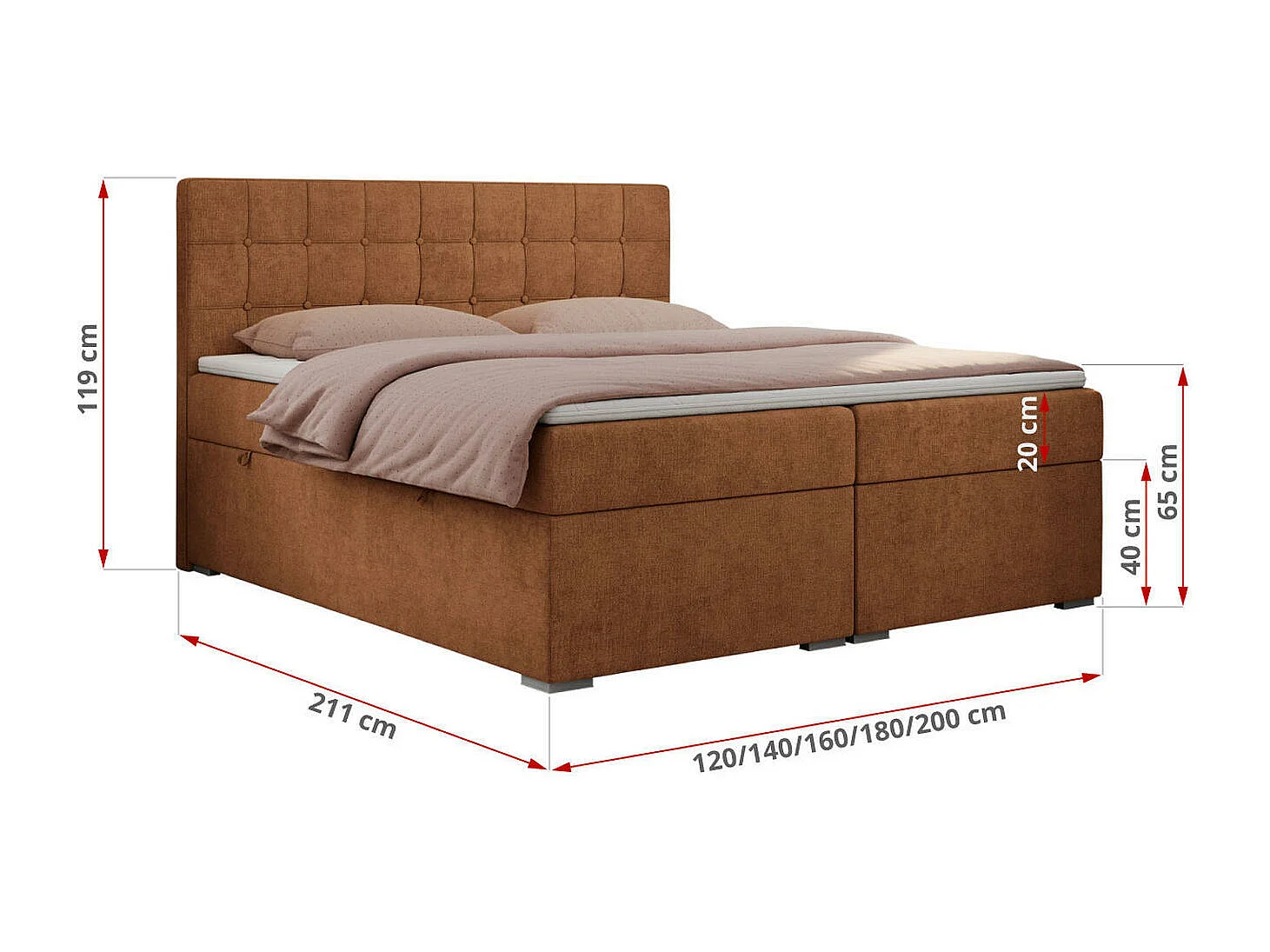 Boxspringbett CARMEN - Polsterbett mit zwei Bettkästen, gesteppte Kopfstütze, Multipocket-Matratze - 140x200 cm - H3 - Orange Stukture