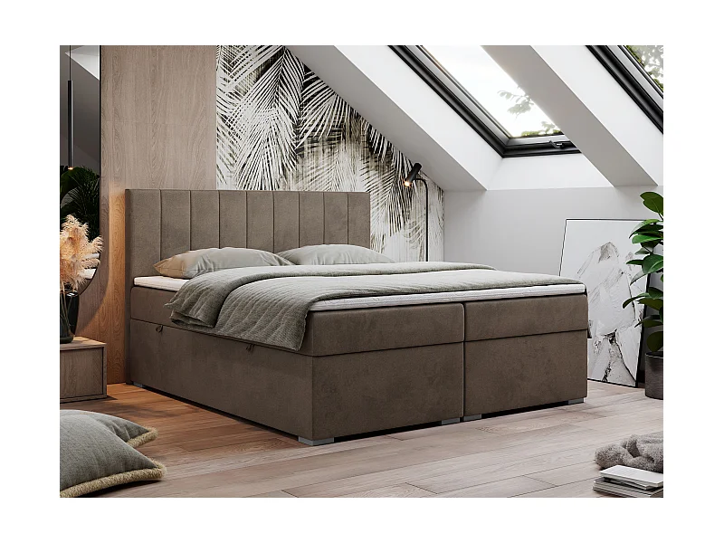 Boxspringbett LOPE - genähtes Kopfteil, Doppelbett mit Stauraum, Multipocket-Matratze, Topper - 160x200 cm - H3 - Braun Velvet