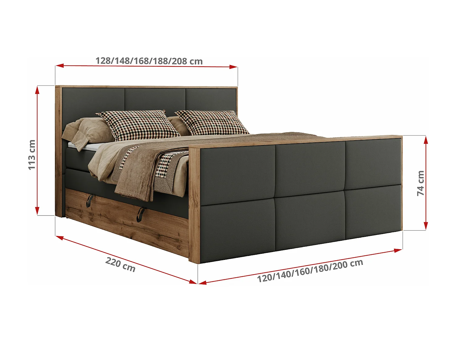 Boxspringbett ALBERO 2 KING DUO - Eiche Wotan Holzrahmen, zwei Multipocket-Matratzen, Bettkästen - 200x200 cm - H4 - Dunkelgrau Kunstleder