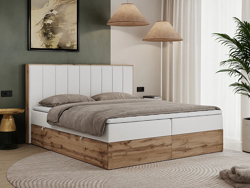 Boxspringbett BELLISSIMO - mit gestepptem Kopfteil, Polsterbett mit zwei Bettkästen, Multipocket-Matratze - 160x200 cm - H3 - Weiß Kunstleder