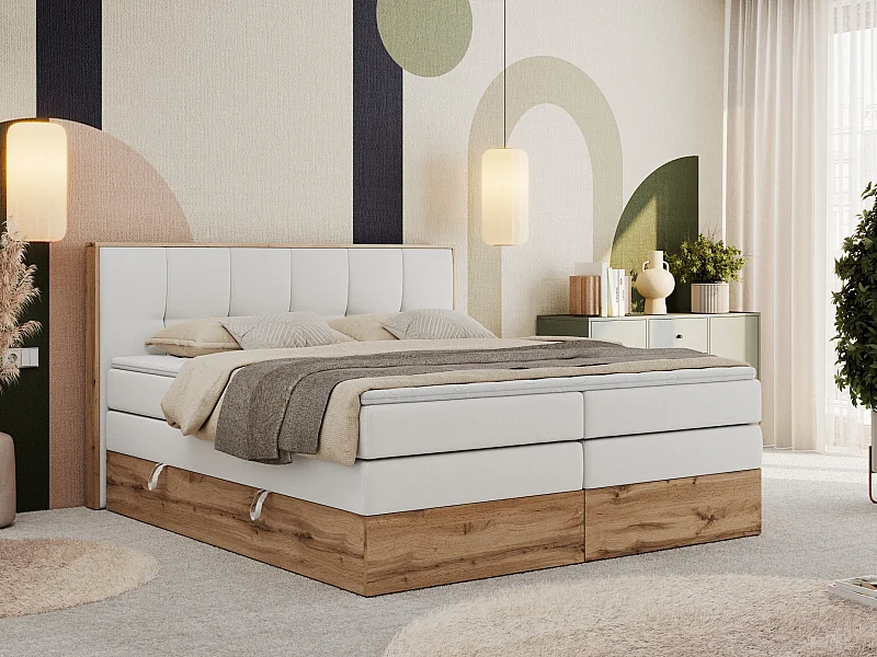 Boxspringbett ALBERO 1 KING - zwei 7 Härtezonen Multipocket-Matratzen, Doppelbett mit Stauraum, Eiche Wotan Holzrahmen - 200x200 cm - H3 - Weiß Kunstleder