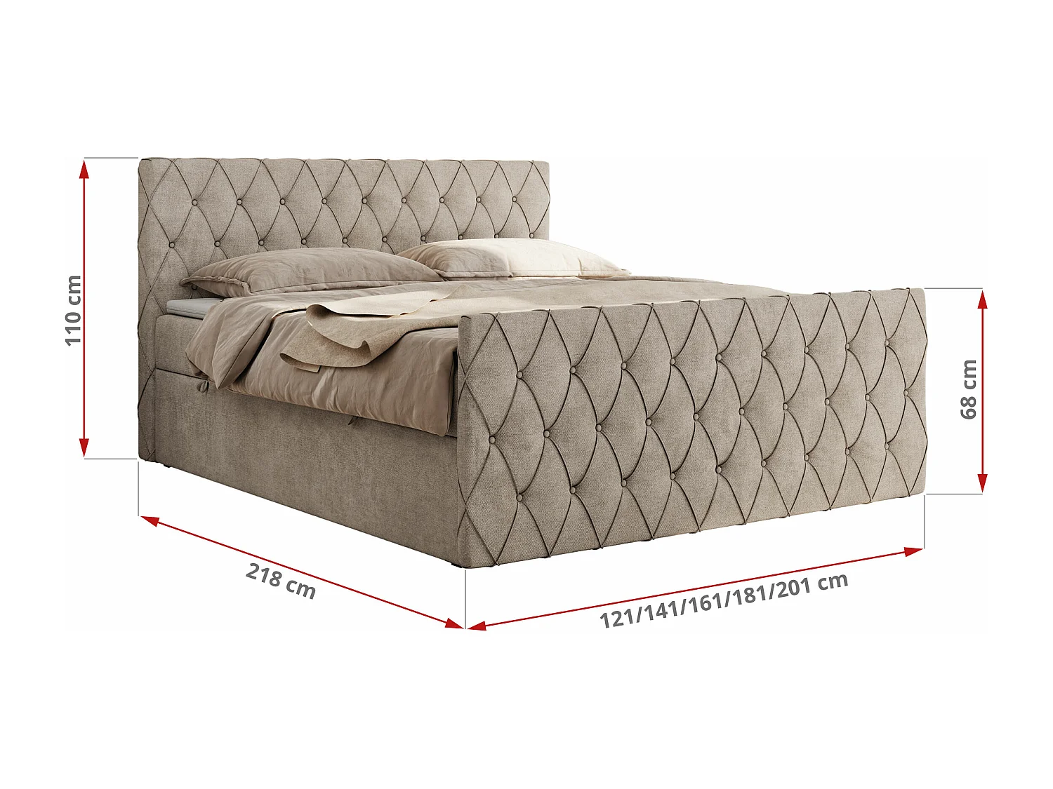 Boxspringbett MIREN DUO - mit gestepptem Kopfteil und Front, Multipocket-Matratze, zwei Bettkästen - 160x200 cm - H3 - Beige Strukture