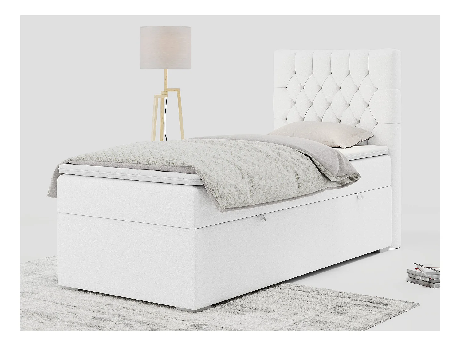 Boxspringbett PERA - Einzelbett mit Kopfstütze, Polsterbett, Multipocket-Matratze, genähtes Kopfteil - 90x200 cm - H3 - Weiß Kunstleder - Rechts Seite