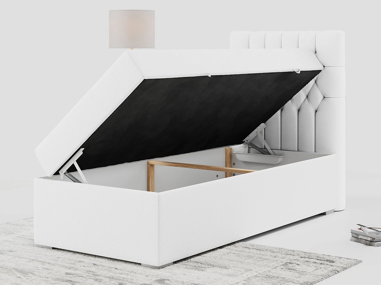 Boxspringbett PERA - Einzelbett mit Kopfstütze, Polsterbett, Multipocket-Matratze, genähtes Kopfteil - 90x200 cm - H3 - Weiß Kunstleder - Rechts Seite