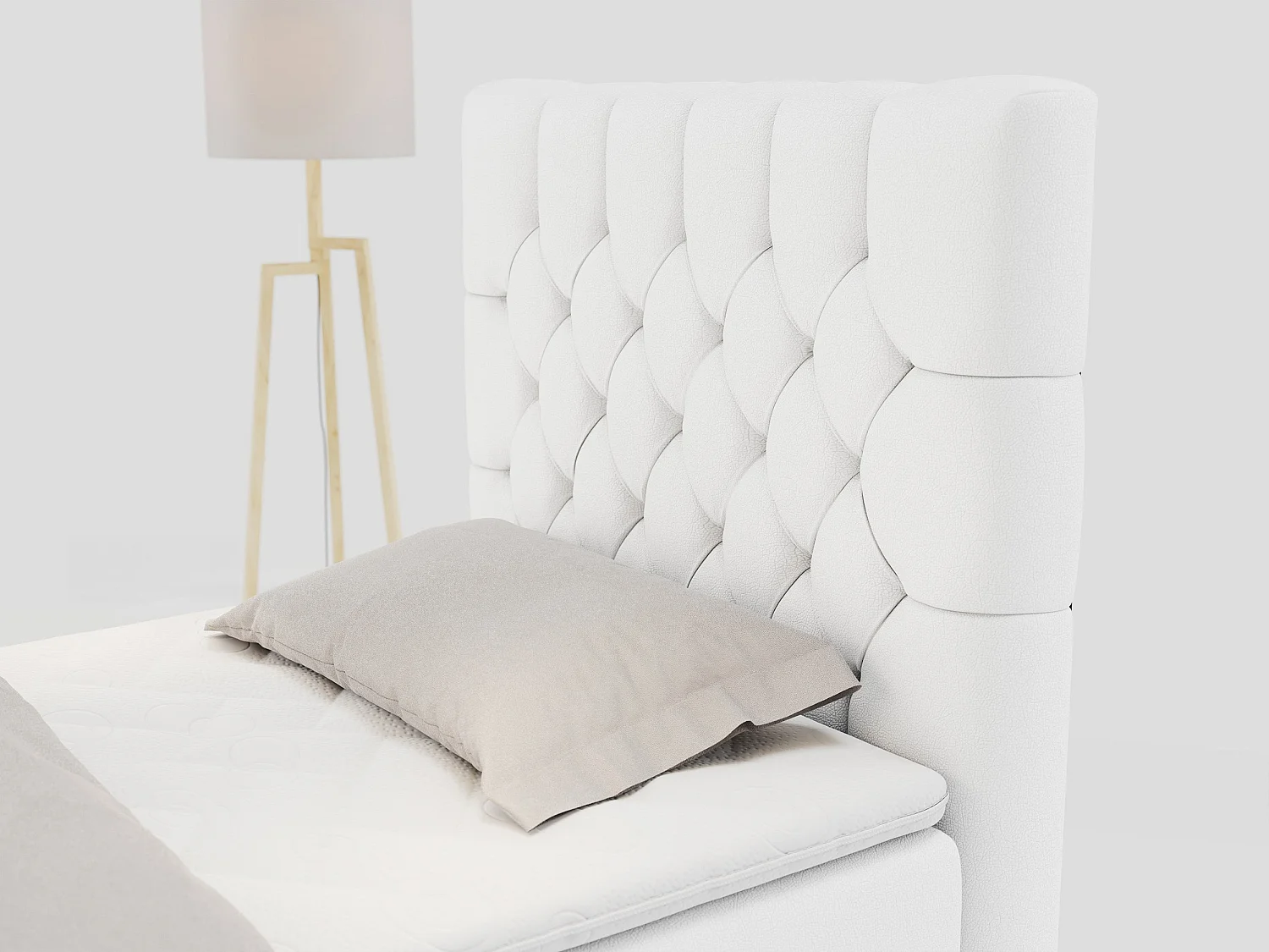 Boxspringbett PERA - Einzelbett mit Kopfstütze, Polsterbett, Multipocket-Matratze, genähtes Kopfteil - 90x200 cm - H3 - Weiß Kunstleder - Rechts Seite