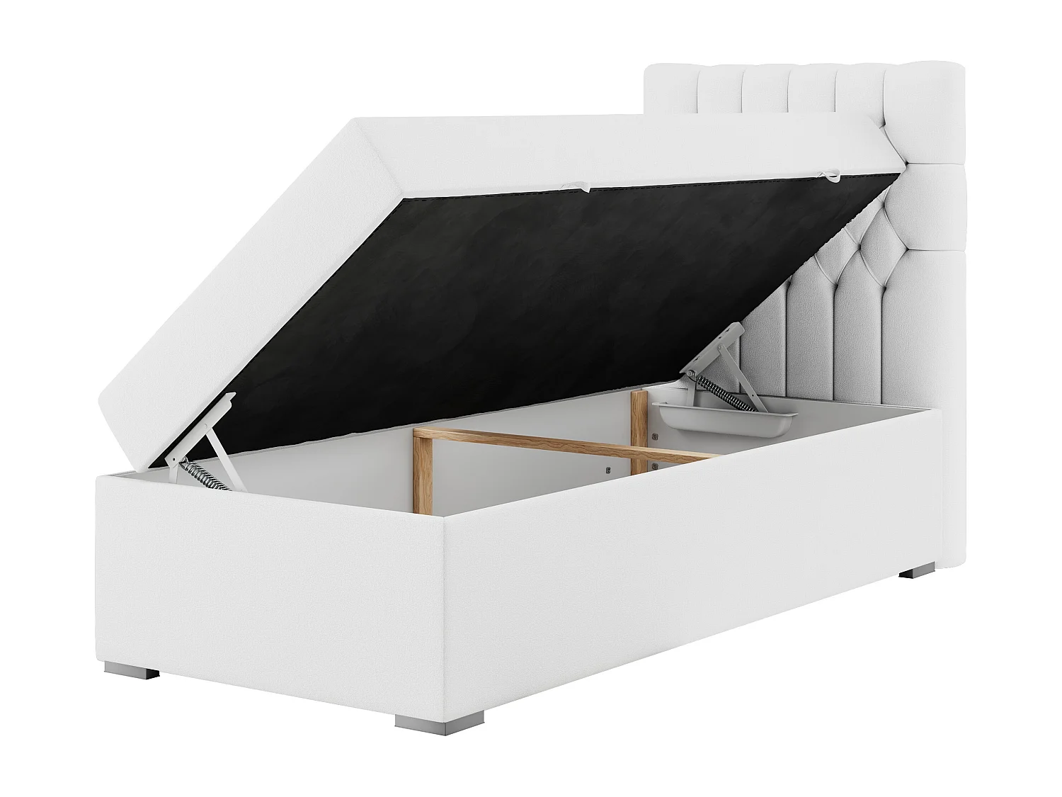 Boxspringbett PERA - Einzelbett mit Kopfstütze, Polsterbett, Multipocket-Matratze, genähtes Kopfteil - 90x200 cm - H3 - Weiß Kunstleder - Rechts Seite