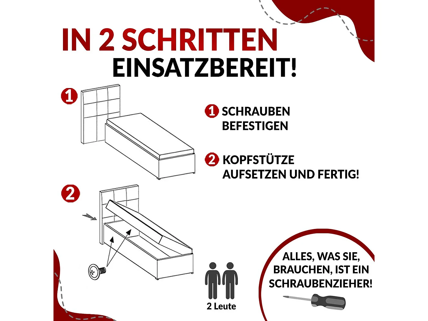 Boxspringbett PERA - Einzelbett mit Kopfstütze, Polsterbett, Multipocket-Matratze, genähtes Kopfteil - 90x200 cm - H3 - Weiß Kunstleder - Rechts Seite