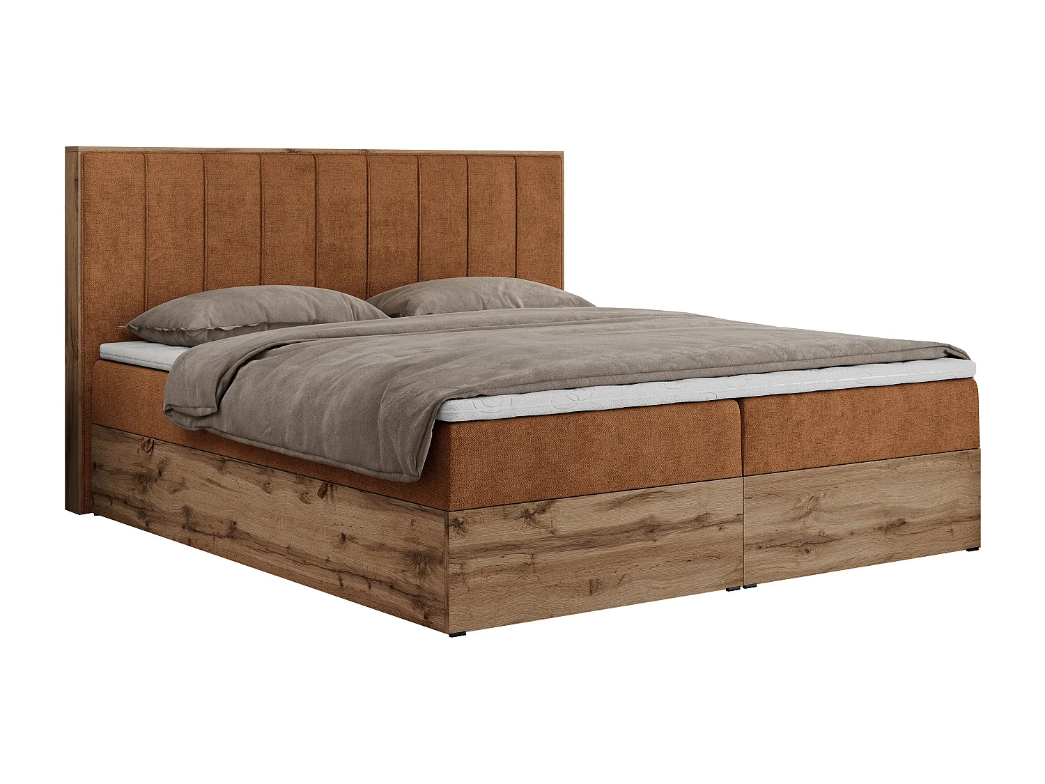 Boxspringbett BELLISSIMO - mit gestepptem Kopfteil, Polsterbett mit zwei Bettkästen, Multipocket-Matratze - 140x200 cm - H3 - Orange Strukture