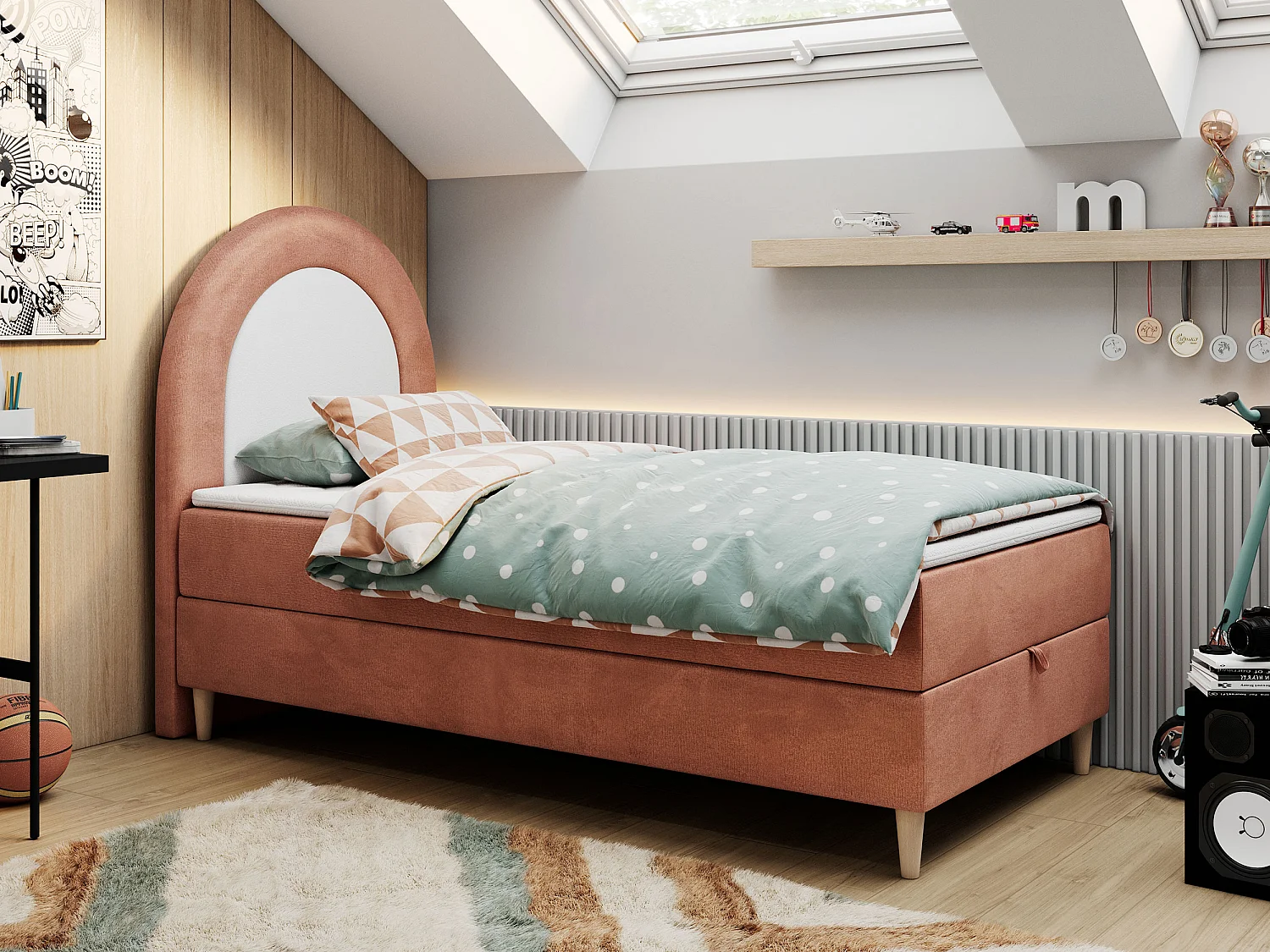 Kinderbett NEST - Boxspringbett für Kinder, mit hohem Kopfteil, Einzelbett mit Stauraum und Matratze - 90x180 cm - Orange Velvet