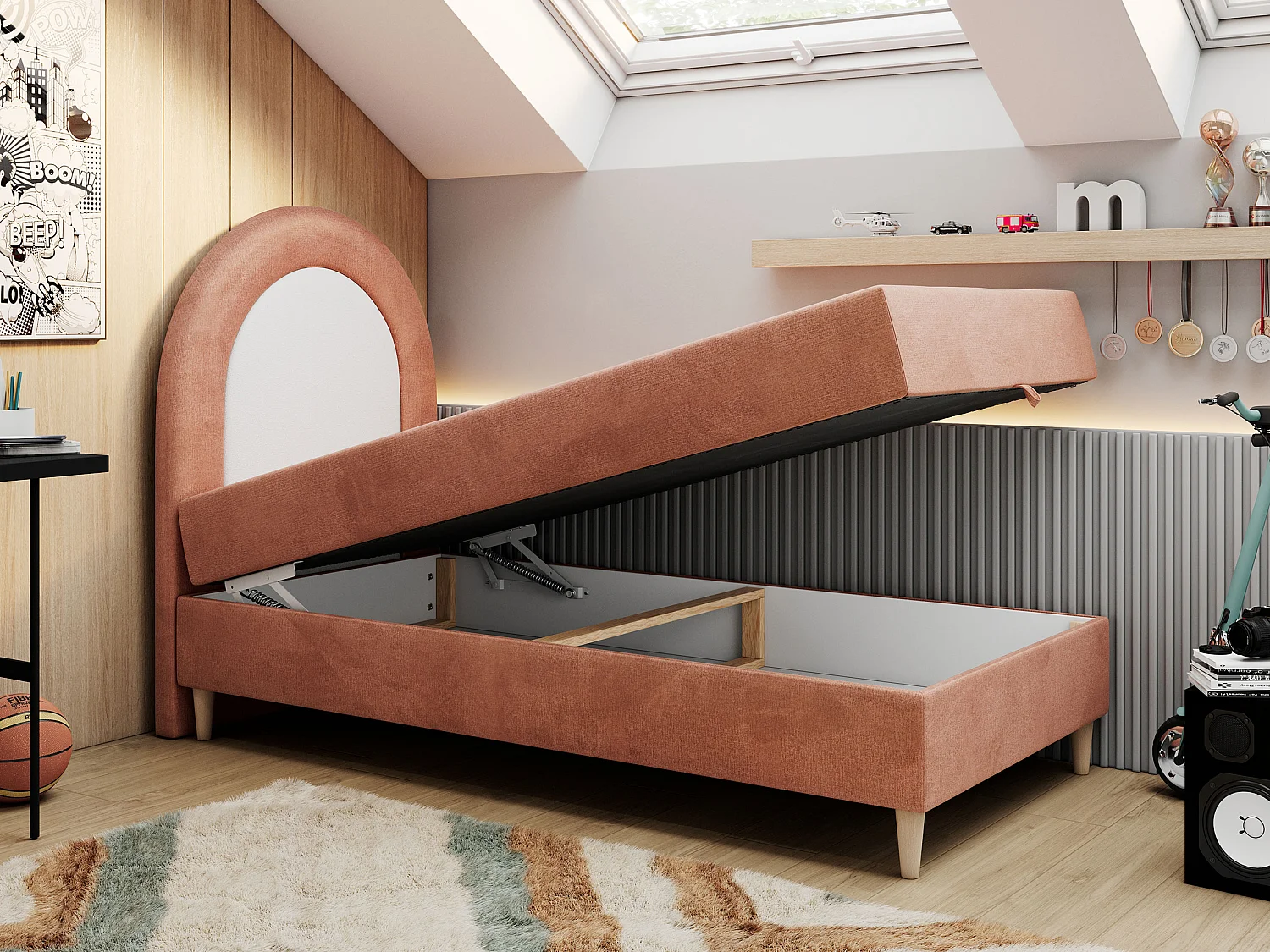 Kinderbett NEST - Boxspringbett für Kinder, mit hohem Kopfteil, Einzelbett mit Stauraum und Matratze - 90x180 cm - Orange Velvet