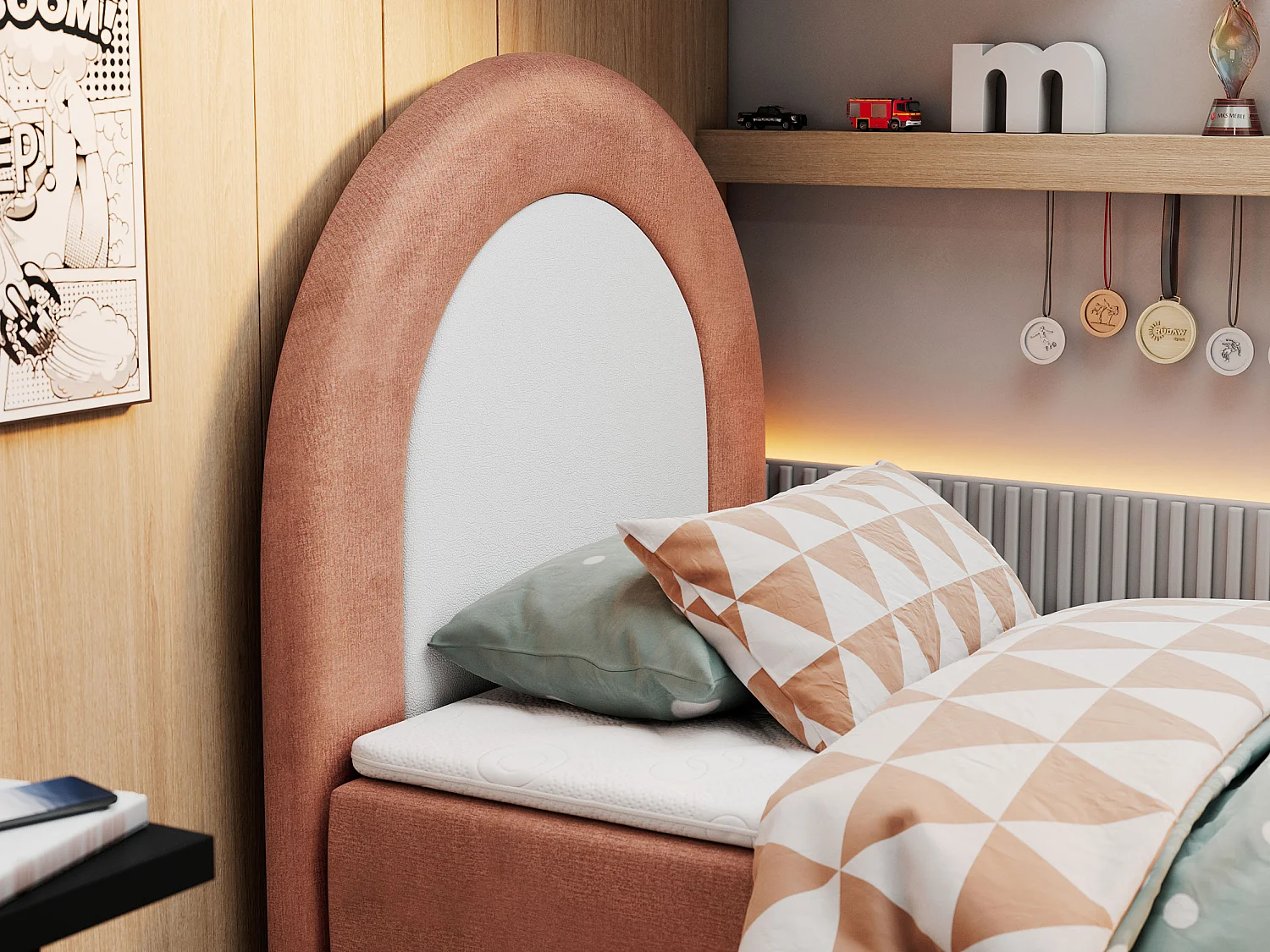 Kinderbett NEST - Boxspringbett für Kinder, mit hohem Kopfteil, Einzelbett mit Stauraum und Matratze - 90x180 cm - Orange Velvet