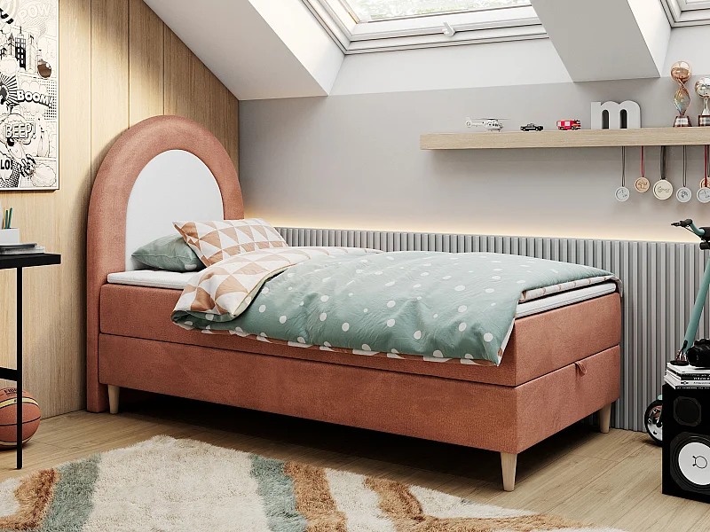 Kinderbett NEST - Boxspringbett für Kinder, mit hohem Kopfteil, Einzelbett mit Stauraum und Matratze - 90x180 cm - Orange Velvet