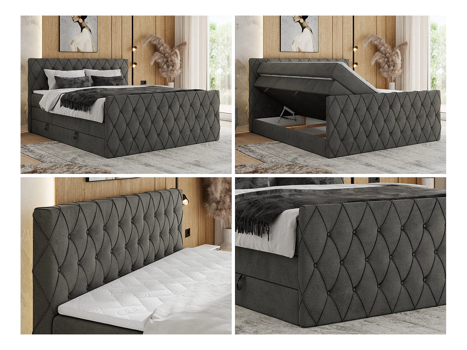 Boxspringbett MIREN KING DUO - für Schlafzimmer mit zwei Multipocket-Matratzen und Topper, gestepptes Kopfteil und Front  - 200x200 cm - H3 - Dunkelgrau Velvet