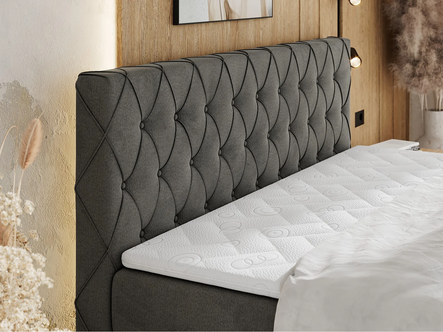 Boxspringbett MIREN KING DUO - für Schlafzimmer mit zwei Multipocket-Matratzen und Topper, gestepptes Kopfteil und Front  - 200x200 cm - H3 - Dunkelgrau Velvet