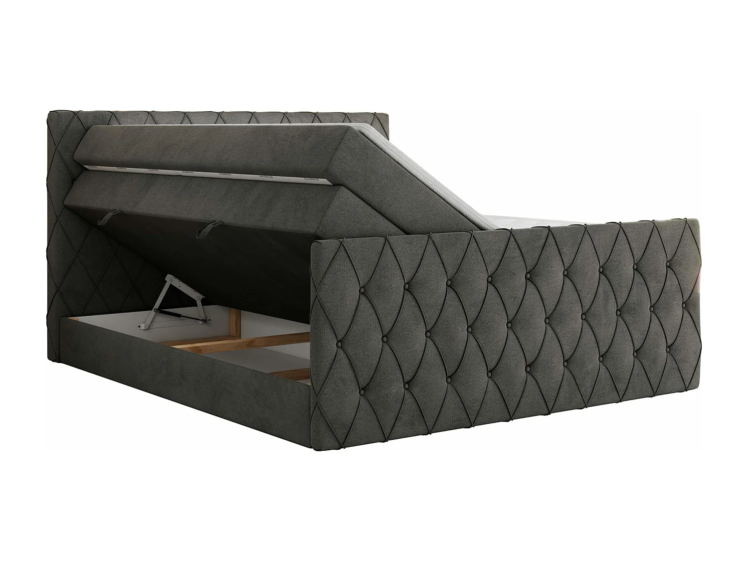 Boxspringbett MIREN KING DUO - für Schlafzimmer mit zwei Multipocket-Matratzen und Topper, gestepptes Kopfteil und Front  - 200x200 cm - H3 - Dunkelgrau Velvet